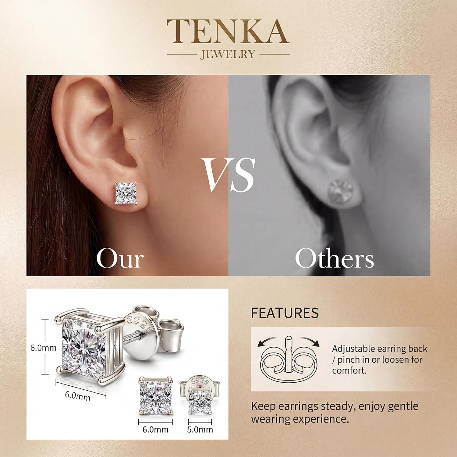 TenKa 925 Sterling Silver Princess Cut Cubic Zirconia Stud Earrings for Women Men, 14K Gold Plated Hypoallergenic Square CZ Studs, Simulated Diamond Jewelry