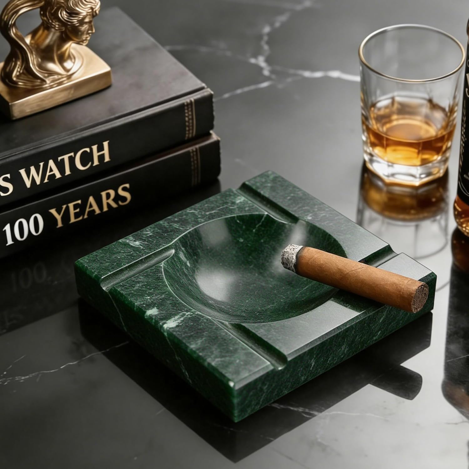 African Natural Marble Four Cigar Ashtray, 6" Large Square Ashtrays for Cigarettes Cigar, Decorative Ash Tray for Indoor Home Office Hotel Decor or Patio Balcony Outdoor Use (Jade Green)