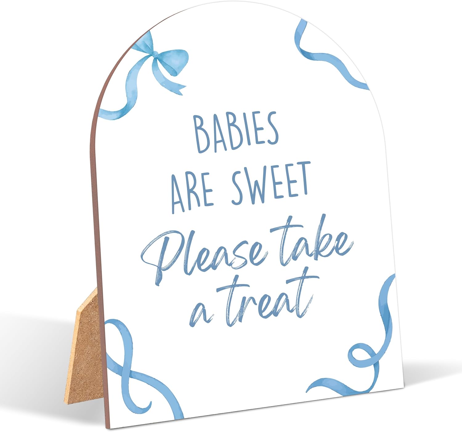 Blue Bow Babies Are Sweet Please Take a Treat Sign for Baby Shower, 6x8 Inch Arch Wooden Sign with Stand, Blue Baby Shower Table Sign, Gender Neutral Party Decoration - QW08