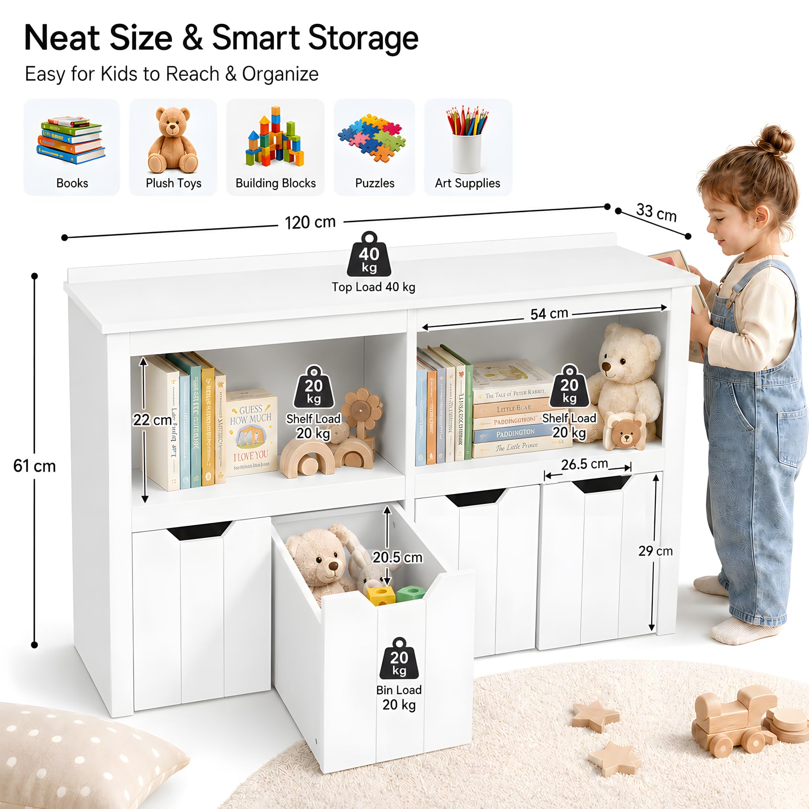 Mobile Contenitore Giocattoli Bambini, Libreria Salvaspazio Montessori con Ruote, Scaffale Porta Giochi/Libri, Organizer Cameretta 3-12 Anni, Cassettiera Bianca con 4 Scomparti, 120x33x61cm
