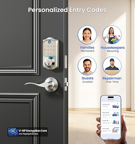 Miniatura 6 de Veise VE017-L - Cerradura inteligente de huellas dactilares con 2 manijas de palanca, juego de cerradura de puerta delantera sin llave, control de