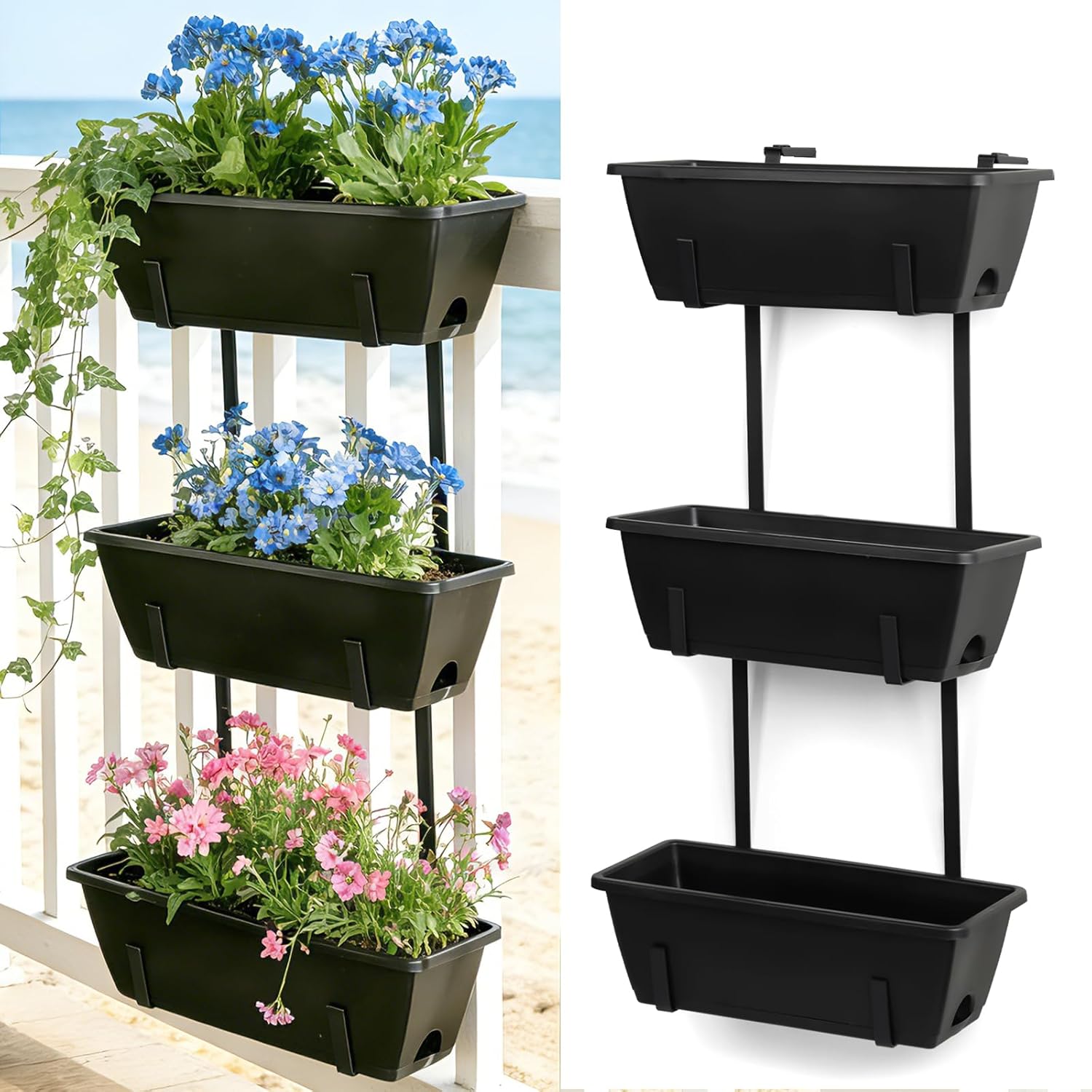 OYEAL Railing Planter Box Black Hanging Window Boxes Planter with Adjustable Brackets, Outdoor Set of 2 Deck Rail Planters with 6 Detachable Plastic Flower Pots for Garden Fence, Patio, Windowsill