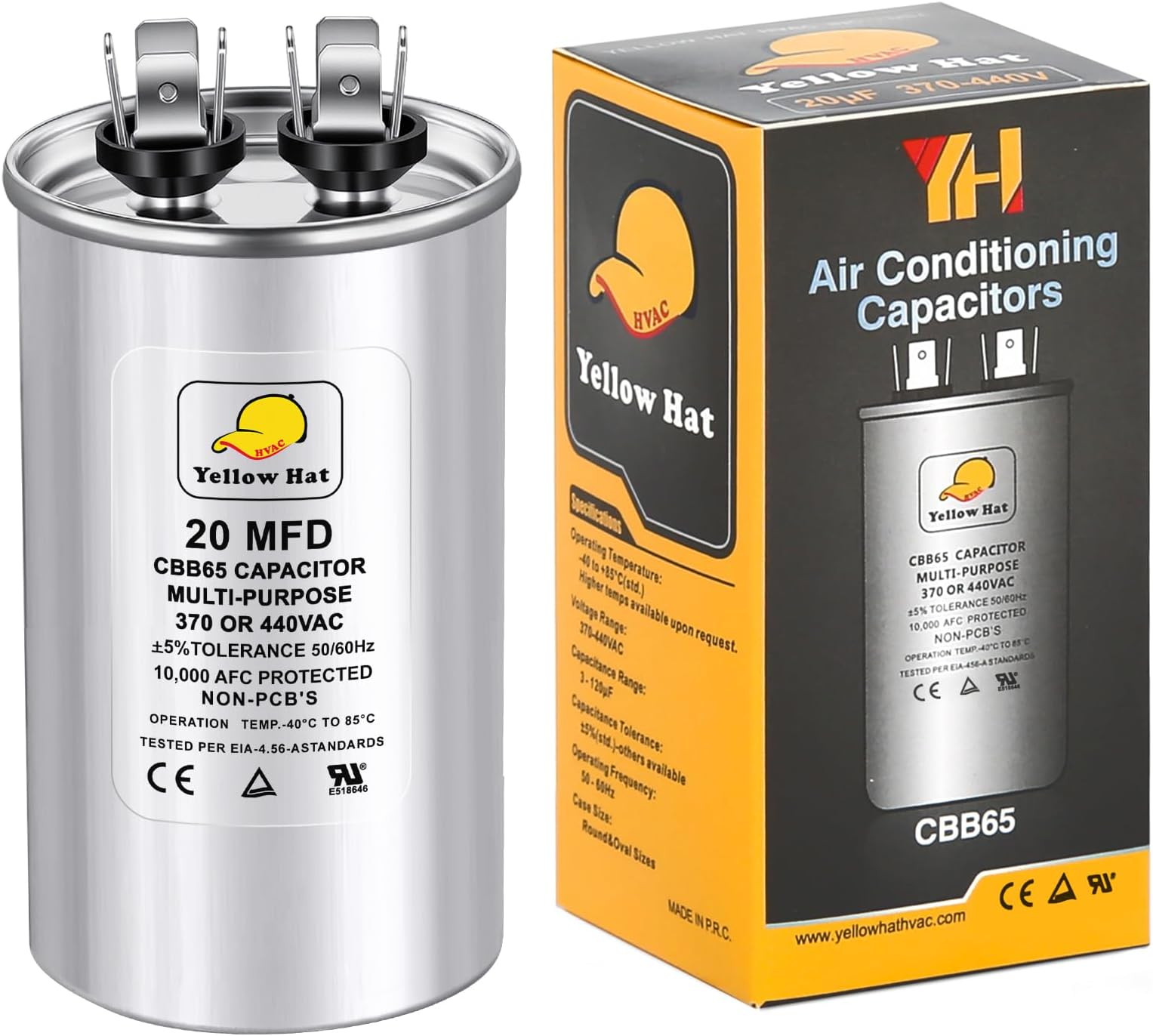 Capacitor for Air Conditioner 20 uf MFD 370 or 440 Volt VAC, Multi-Purpose Round Capacitor for AC Motor Run or Fan Motor Start or Condenser Straight