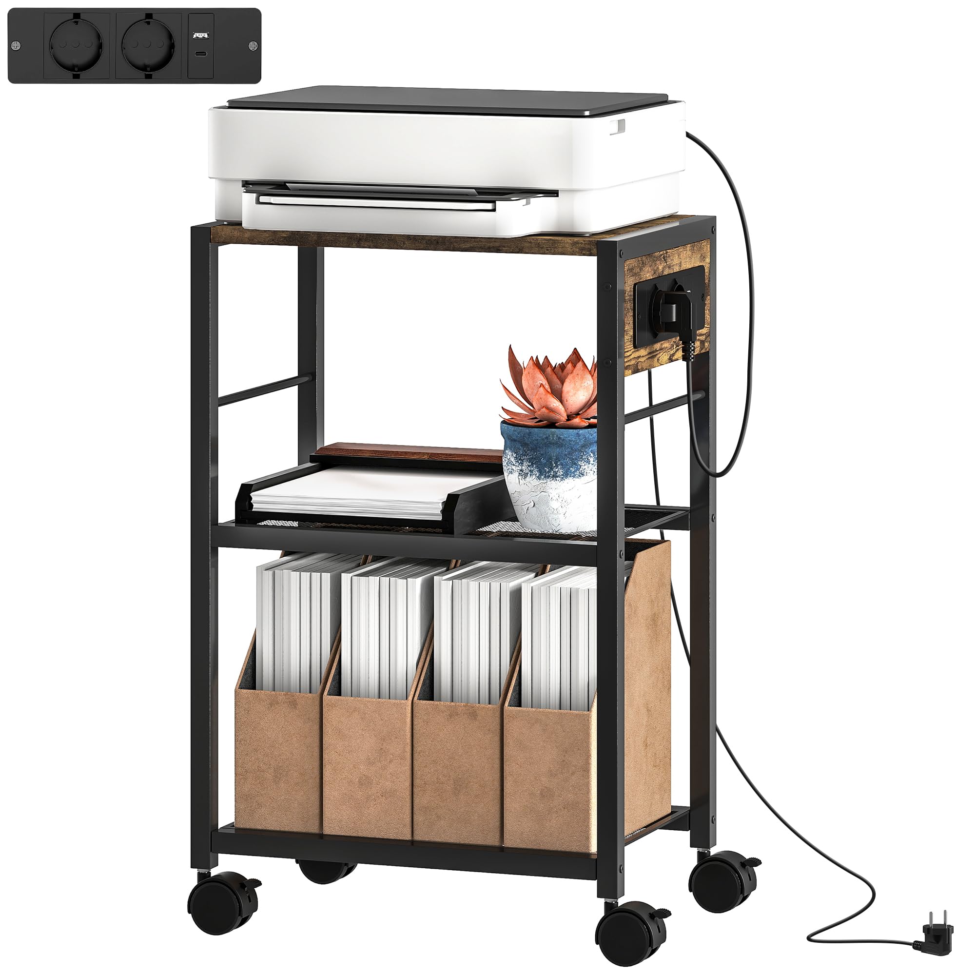 HOMCOM Druckerständer mit 3 Ebenen Rollen 42 x 28 x 64,5 cm Rustikalbraun | Steckdosen, Schreibtisch Organizer für Drucker, aus Stahl, Druckertisch, Druckerhalter, Druckerwagen, Büro Office Fax Scanner