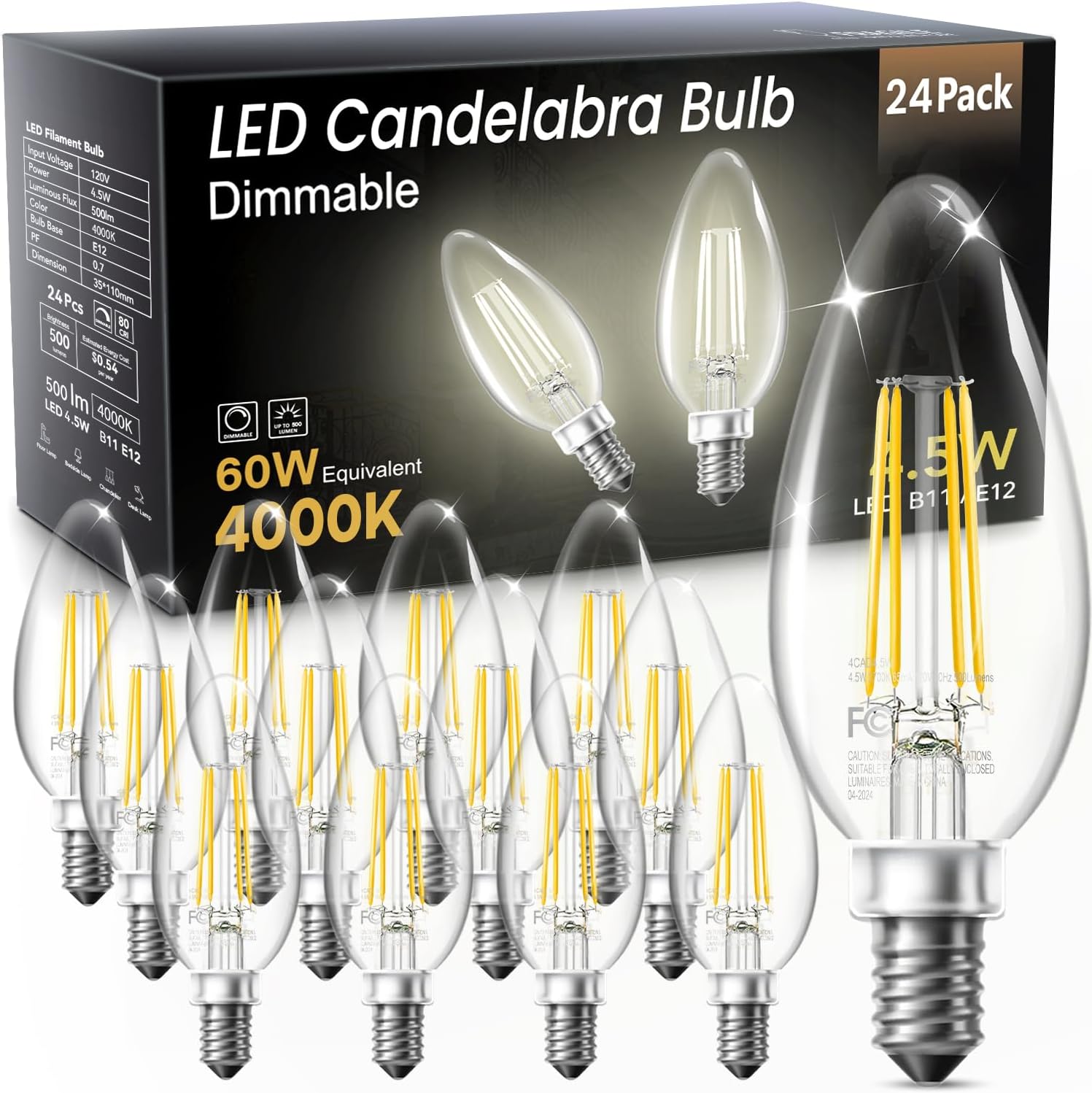 TJOY LED Candelabra Bulbs Dimmable, 60W Equivalent Chandelier Light Bulb, E12 Small Base, 4.5W 4000K Natural Daylight White, B11 Vintage Filament Glass Candle Light for Ceiling Fan Chandeliers, 12Pack