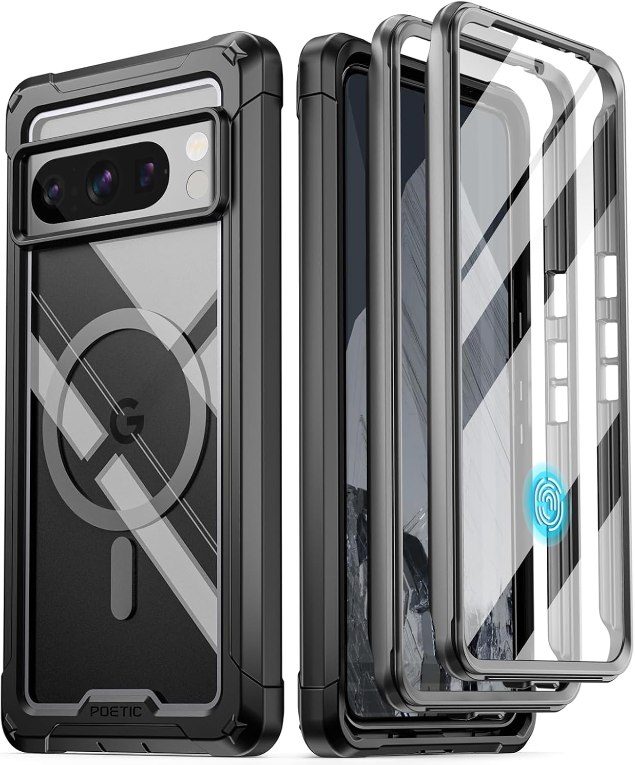 Guardian MagPro Case Compatible with Pixel 8 Pro 5G,[Compatible with MagSafe] Built-in Screen Protector Work with Fingerprint ID, Full Body Shockproof Rugged Clear Cover Case, Black/Clear