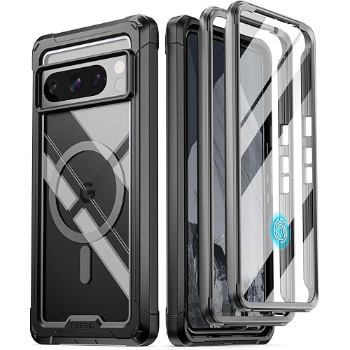 Poetic Guardian MagPro Case Compatible with Pixel 8 Pro 5G,[Compatible with MagSafe] Built-in Screen Protector Work with Fingerprint ID, Full Body Shockproof Rugged Clear Cover Case, Black/Clear