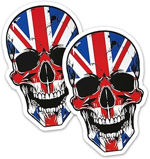 (2 Pack) Union Jack Skull - Waterproof Vinyl Sticker - Funny Retro Splash Van Car Bike Decal Flag Decals Laptop Tablet Helmet Biker