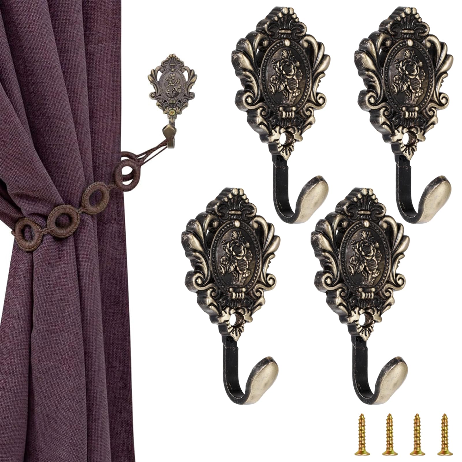 4Pcs Vintage Wall Hooks, Rose Pattern Curtain Hooks - Decorative Wall Mounted Holdbacks for Drapery, Coats, Keys, Bathroom Bedroom Décor, Multi-Function Hangers - Vintage Bronze ‌-image-32