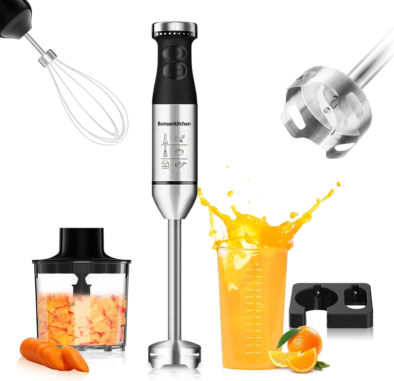 Immersion Handheld Blender, Bonsenkitchen 9-Speed Stainless Steel Hand Blender Set with Wall Mounted Bracket, Food Grinder Bowl, Measuring Mug, Egg Whisk for Smoothies, Infant Food, Sauces, Puree