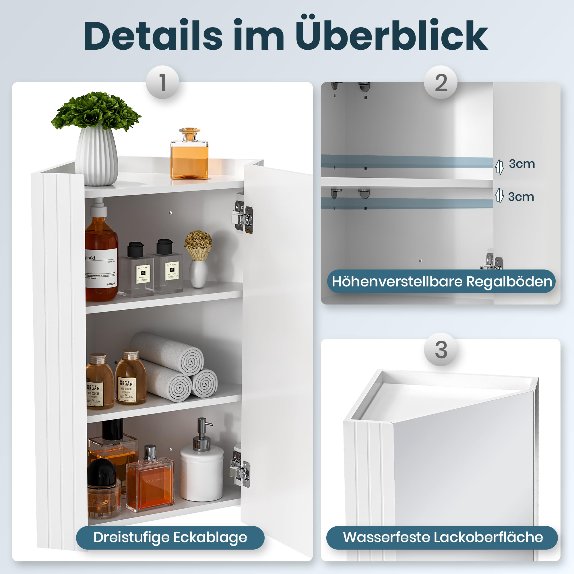 Pamapic Spiegelschrank Bad, Badezimmer Spiegelschrank mit Verstellbaren Ablagen, Eckschrank Bad, Hängeschrank Badezimmer, Schrank mit Badezimmerspiegel, Wandschrank, 32 x 32 x 65 cm, Weiß