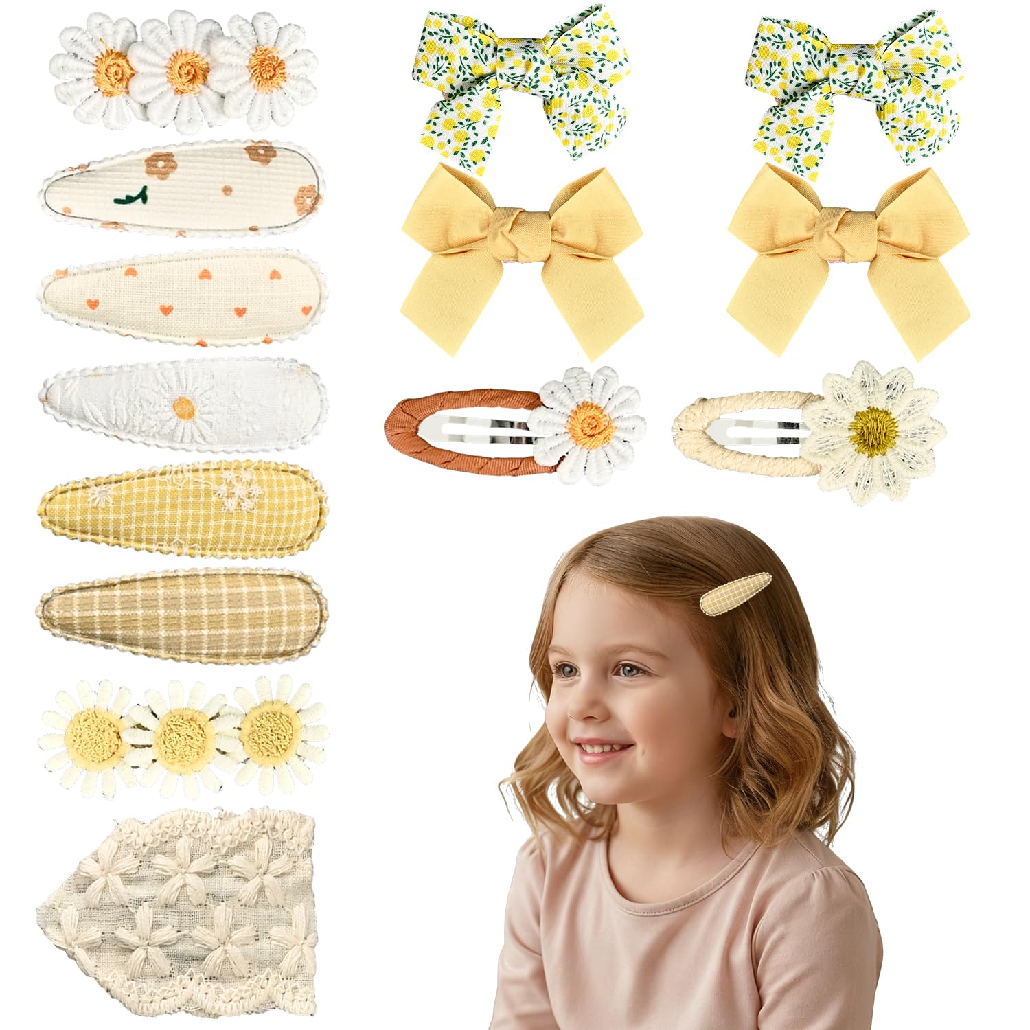 14 Barrettes à Cheveux pour Filles, Fleurs et Noeuds Barrettes pour Bébés et Enfants (Jaune)