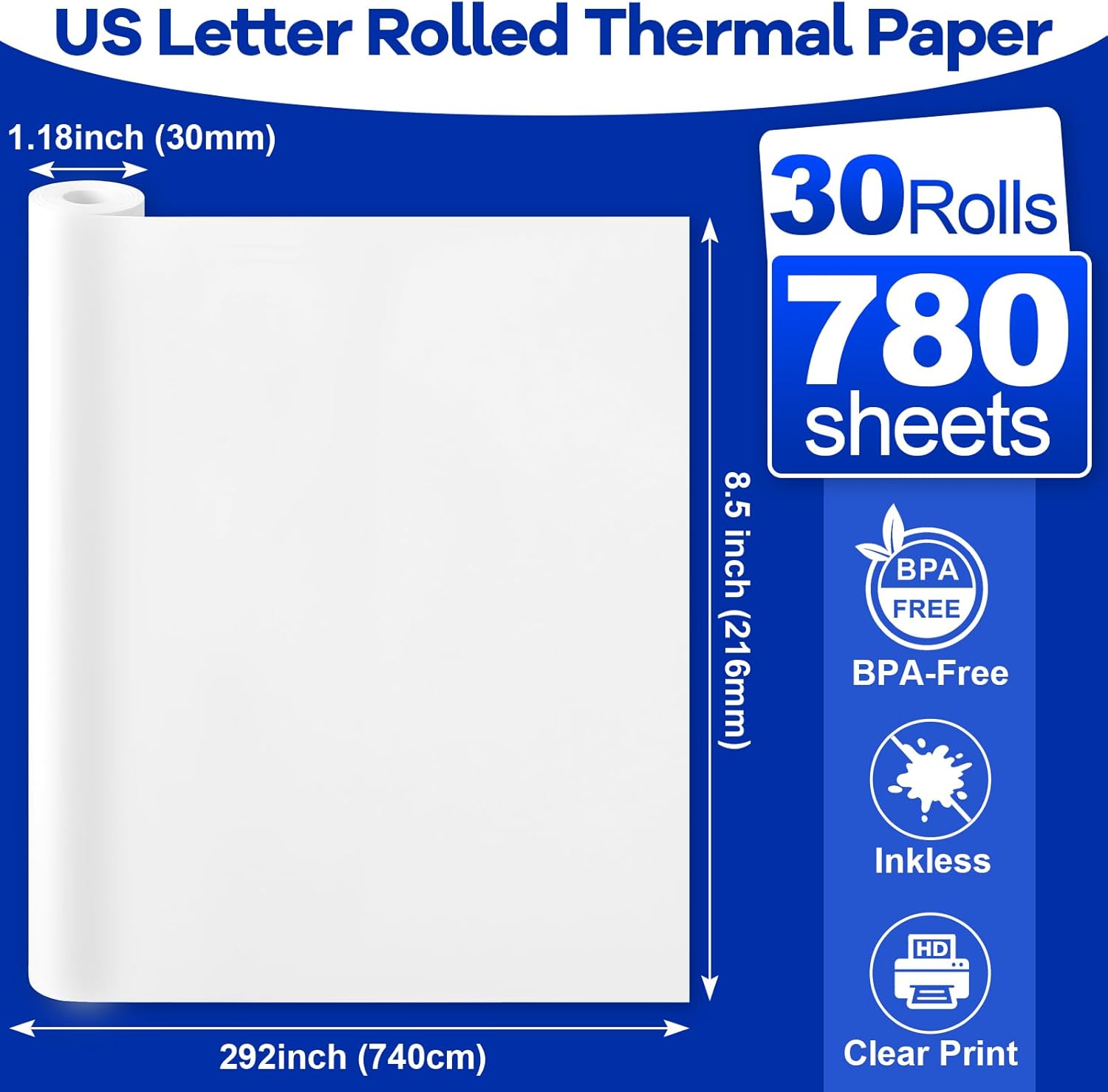 30 Rolls Thermal Printer Paper 8.5"x11" US Letter Size, BPA free Quick-Dry Thermal Paper,Thermal Printing Paper Rolls Compatible Most Portable Printers(About 780 Sheets)