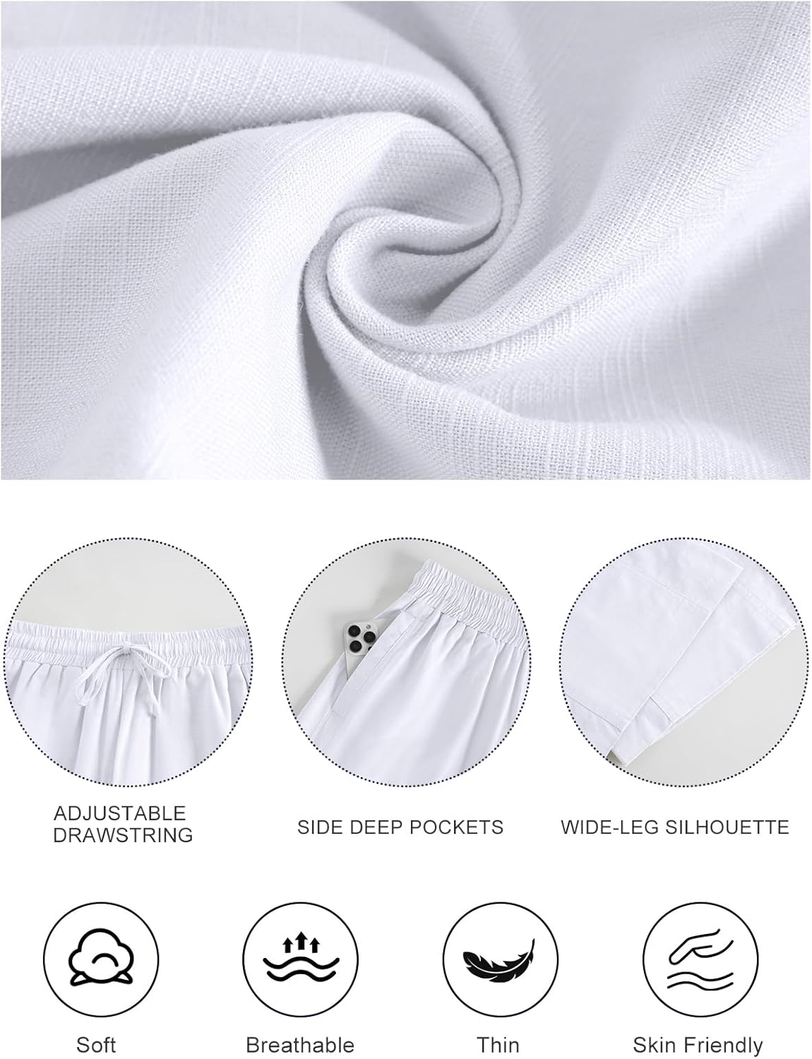 Womens Linen Pants Cotton Boho Loose Palazzo Pants Wide Leg Long Lounge Trousers Drawstring with Pockets Beach - Image 6