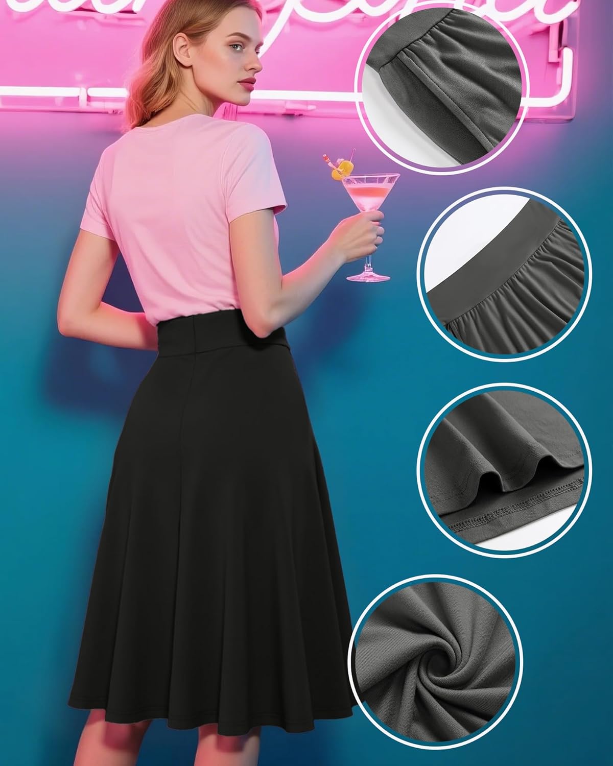 3 Pack Plus Size Skirts for Women, Knee Length Midi Casual Flowy Flared A Line Summer Work Church Skirts with Pocket - Image 5