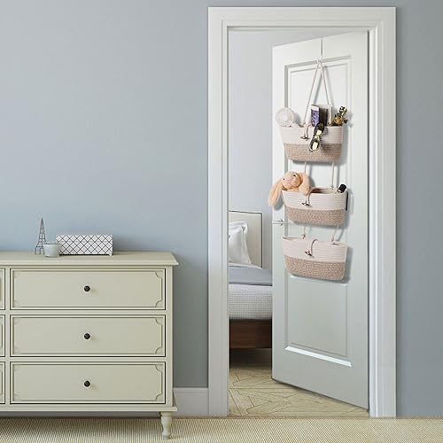 Miniatura 7 de Cesta organizadora de cuerda de algodón, 3 niveles para colgar en la pared, organizador de armario, cestas decorativas para organizar la sala de