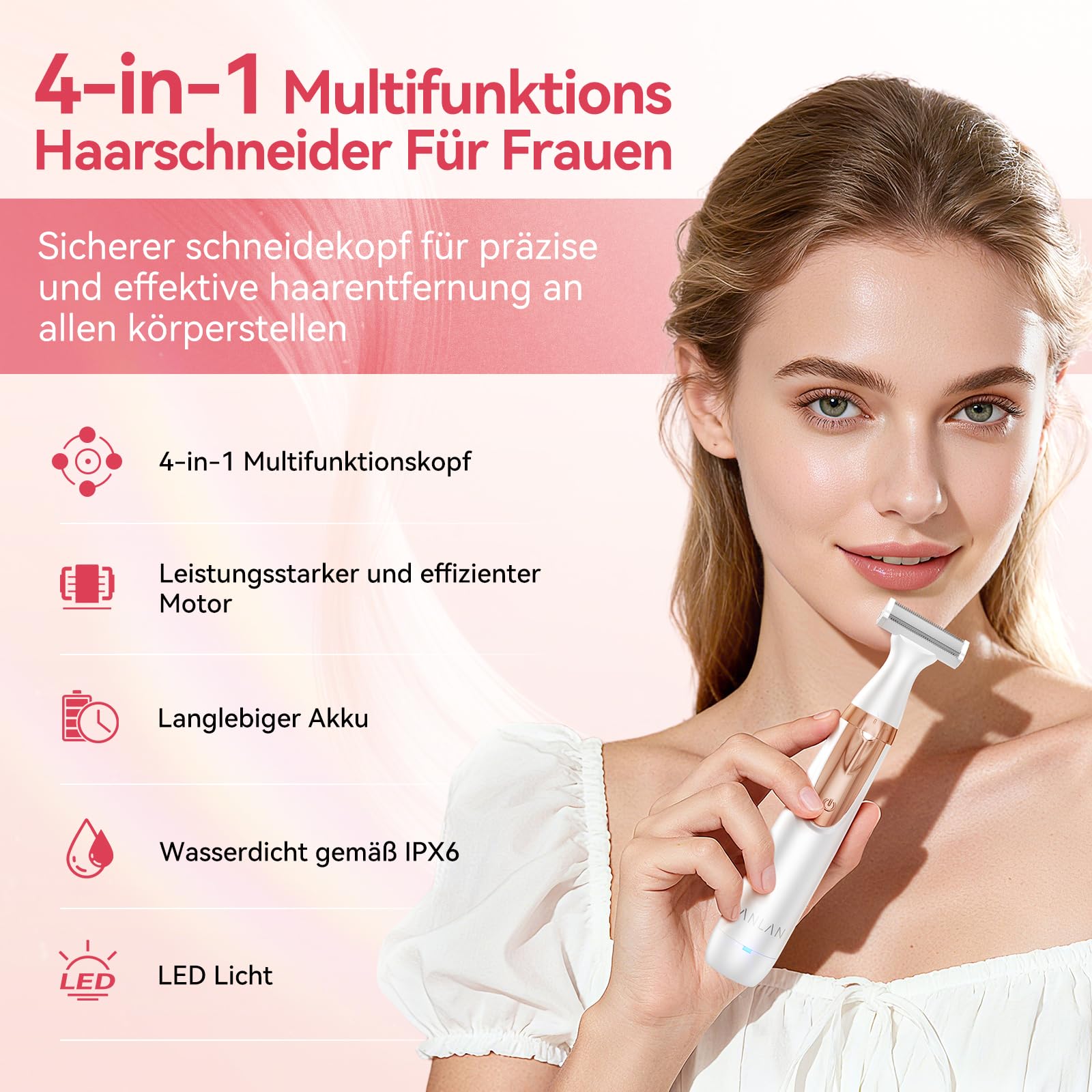 ANLAN Elektrischer Damenrasierer 4 in 1, Intimrasierer Damen & Bikini Trimmer, USB-C Wiederaufladbar, IPX6 Wasserdicht für Nass & Trockenrasur, Körperrasierer für Beine, Achseln, Gesicht & Augenbrauen