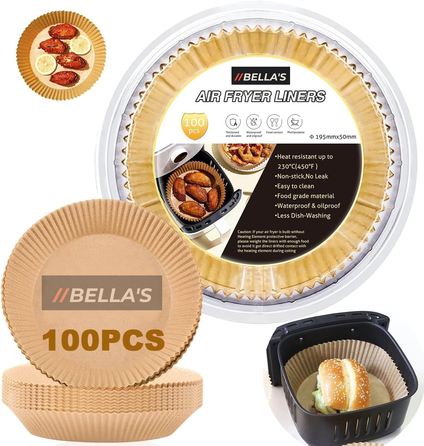 Bella'sAir Fryer Liners 6.3 Inches, 100PC Ninja Air Fryer Liners, Disposable Paper Liners, Non Stick Parchment Baking Paper for Salter, Dual Other Airfryer, Oven Microwave Frying Pan