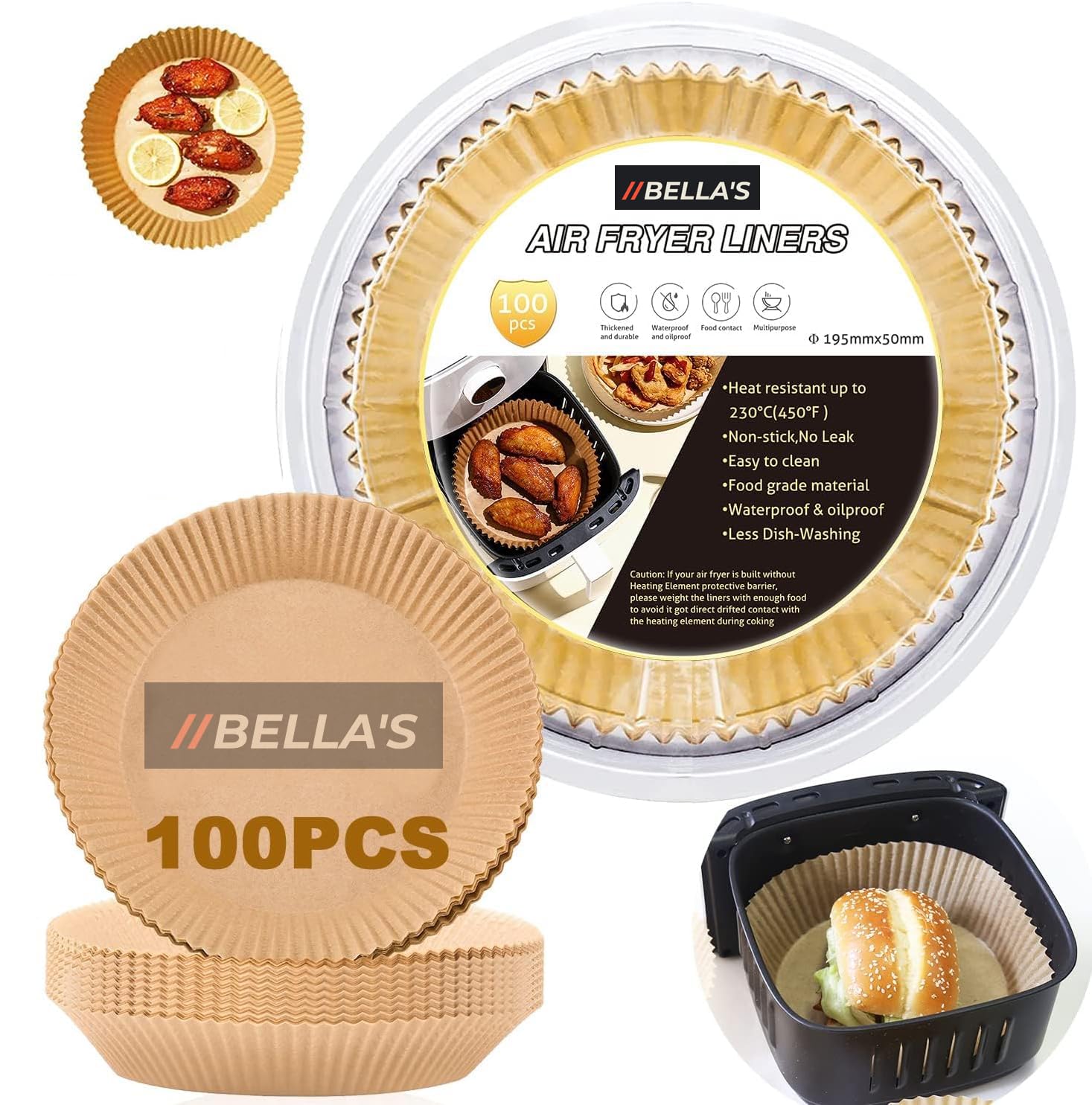 Bella'sAir Fryer Liners 6.3 Inches, 100PC Ninja Air Fryer Liners, Disposable Paper Liners, Non Stick Parchment Baking Paper for Salter, Dual Other Airfryer, Oven Microwave Frying Pan