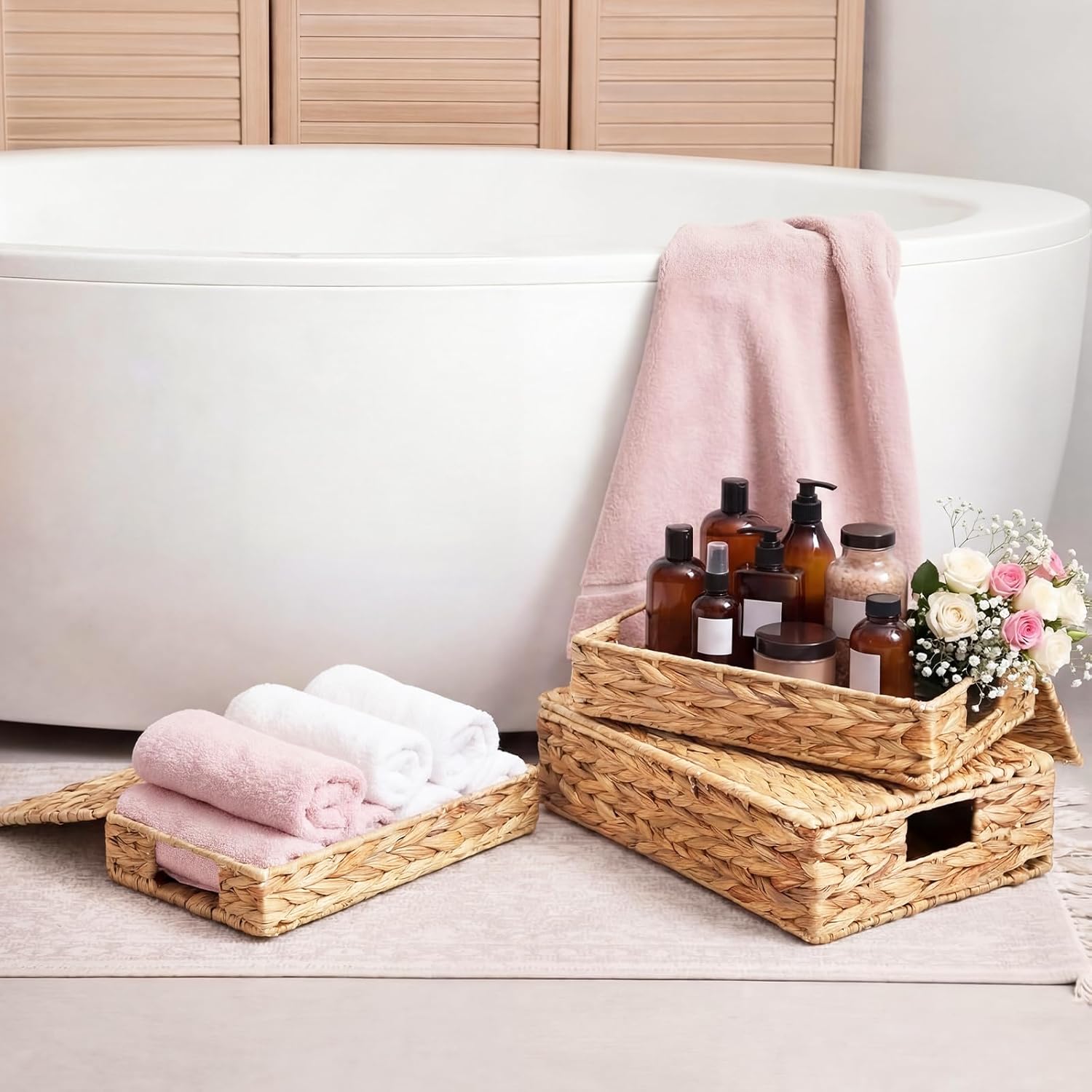 3 Pcs Wicker Storage Baskets with Lids 16" 14" 12" Water Hyacinth Pantry Baskets Woven Organizers Decorative Storage Boxes for Organizing Shelves, Bedroom, Living Room(Natural)