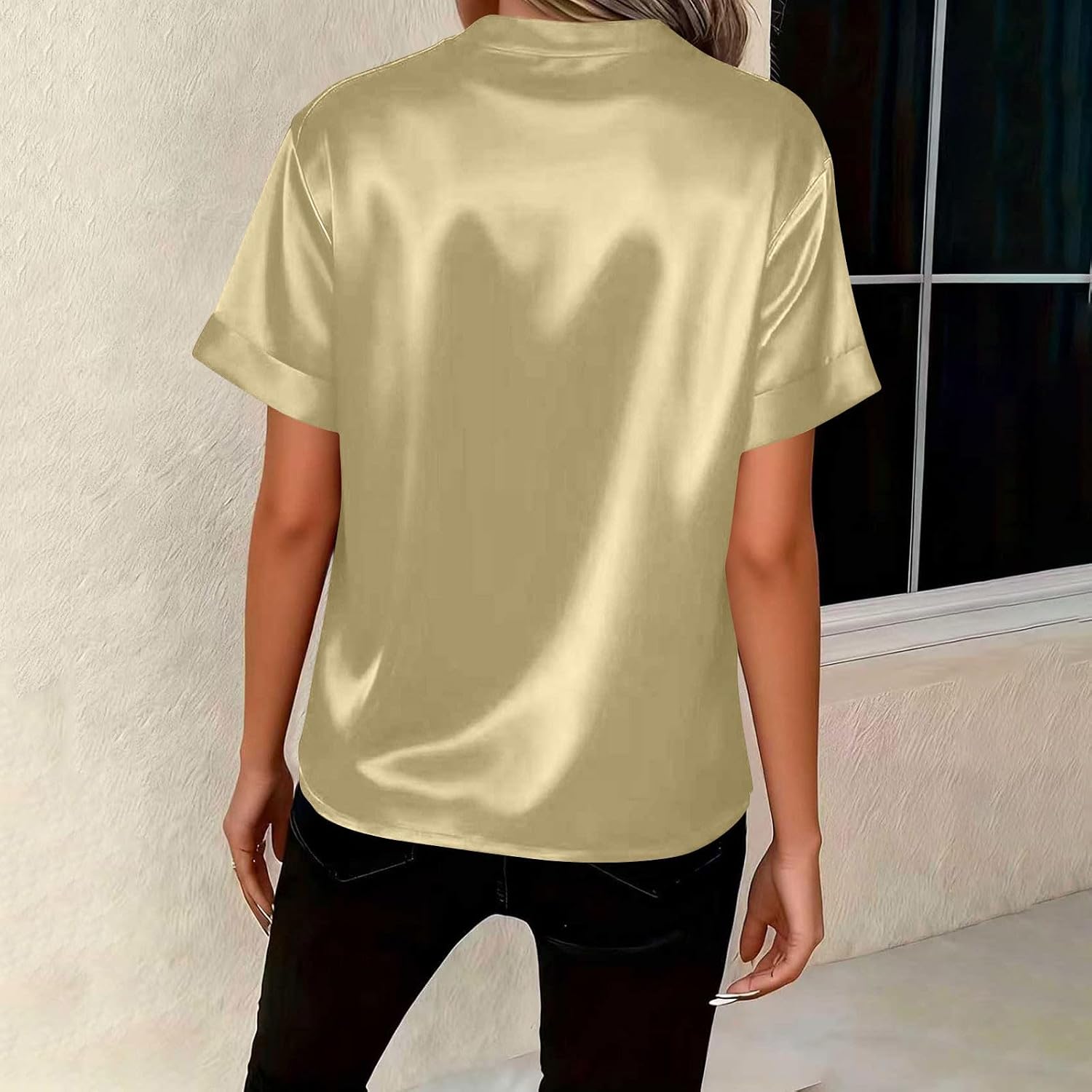 Womens V Neck Silk Satin Tops Dressy Elegant Short Sleeve Work Blouses Summer Loose T Shirts Business Casual Outfits