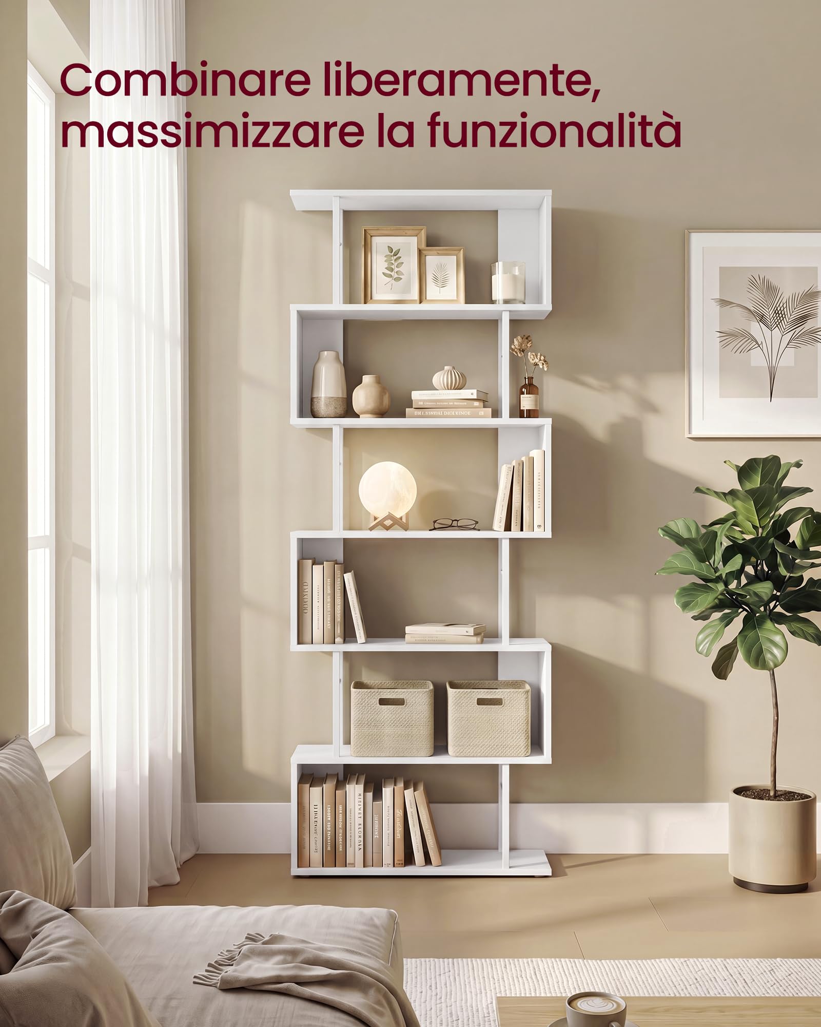 VASAGLE Libreria a Forma di S a 7 Ripiani, in Legno e Metallo, Scaffalatura Portaoggetti, 60 x 24 x 190,5 cm, per Soggiorno e Ufficio, Bianco Nuvola e Bianco Opaco, Collezione Barnet LLS173WB01