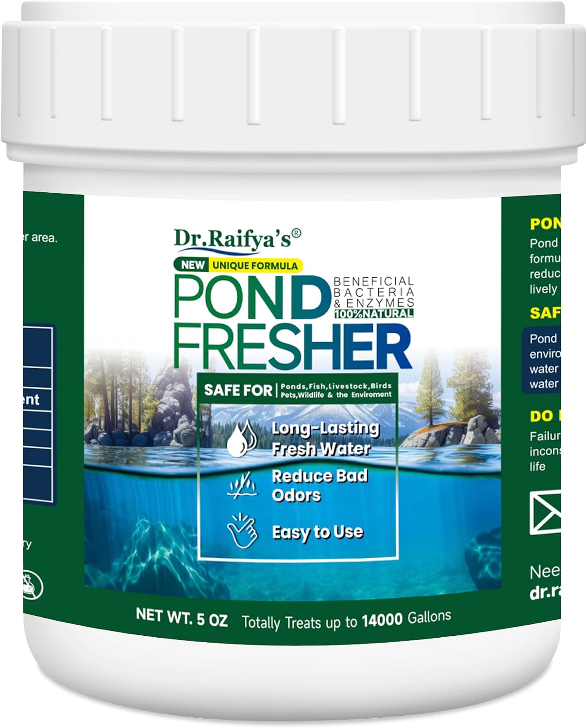 Dr.Raifya's Muck Reducer-4,500 Granules Natural Pond Sludge Treatment in Koi Ponds, Fountains & Bird Baths, Enhanced Cleaning Power, Beneficial Bacteria & Enzymes Safe for Fish, Pets & Wildlife, 8 OZ