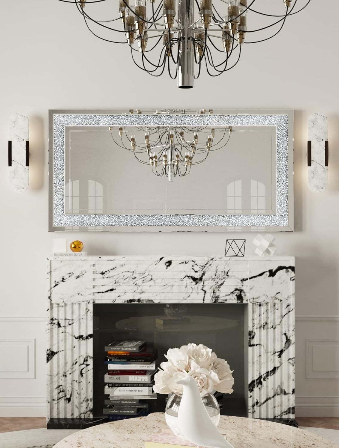 Decorative Crushed Diamond Mirror Rectangular Silver Wall Decor 48x24 inch