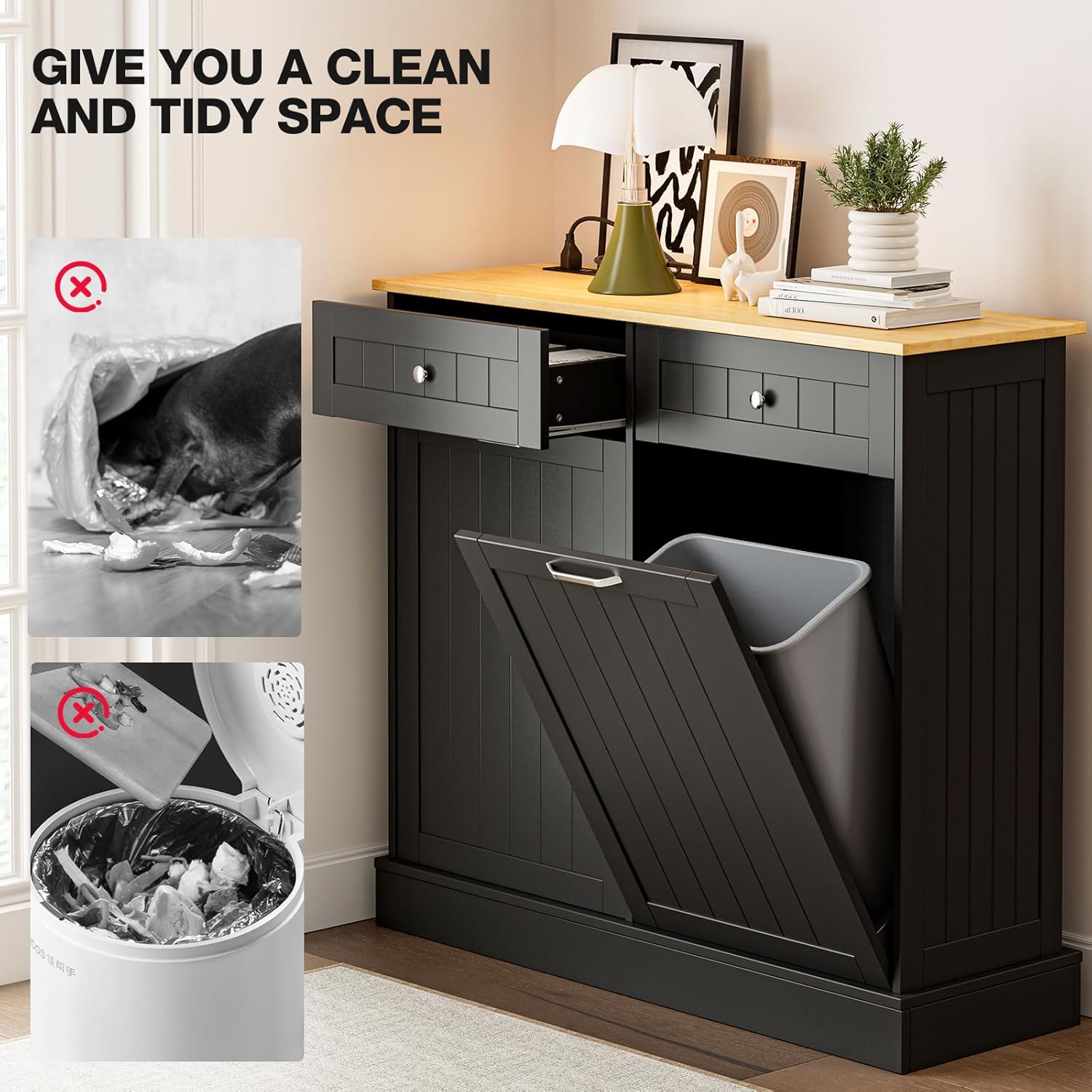 Two images side-by-side. The left image shows a dog tearing into a trash bag. The right image shows a clean trash bin inside the cabinet, with a red cross-out symbol over the dog image, indicating the cabinet helps keep pets out of trash.