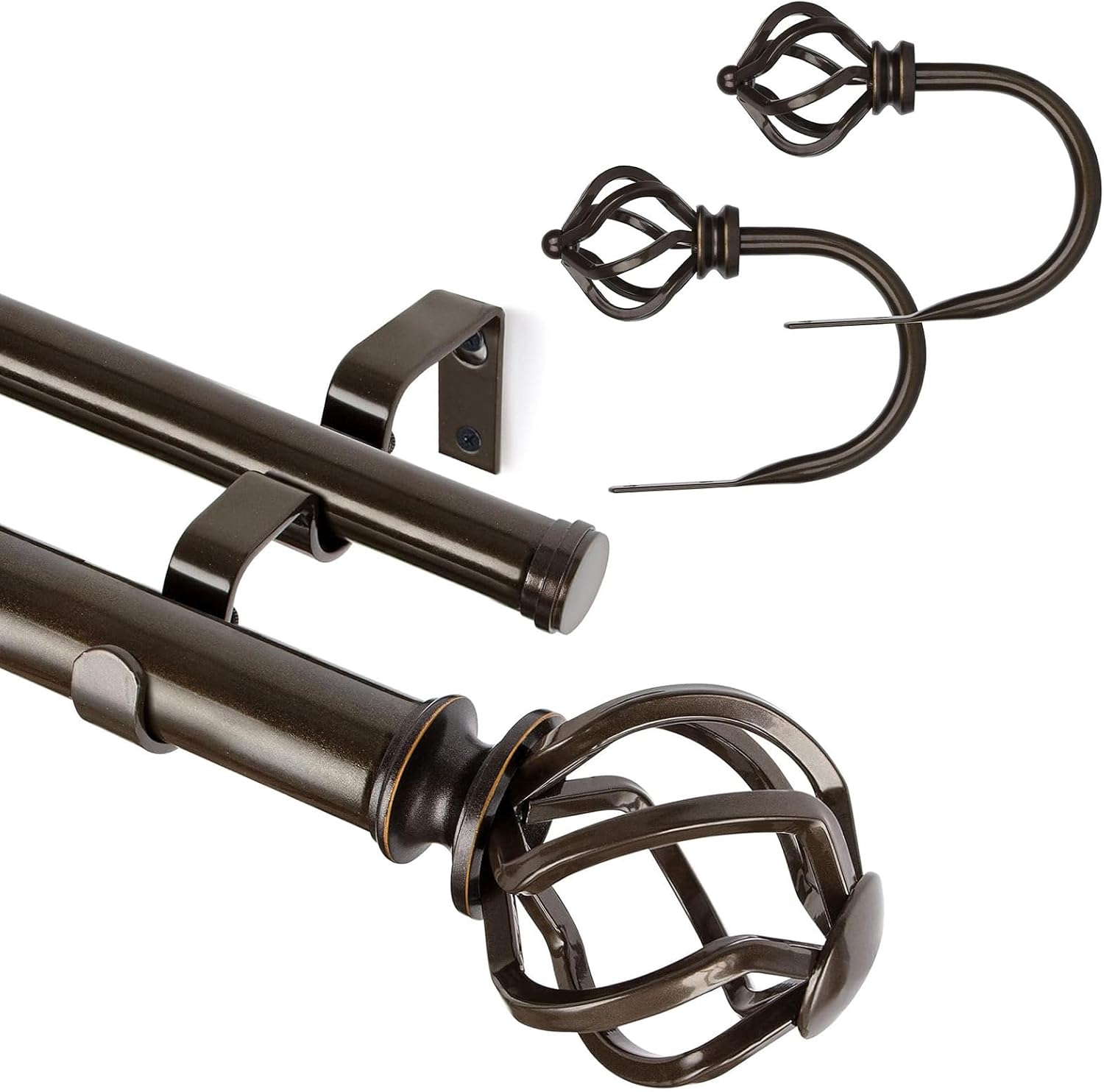 KAMANINA Bundle of 66-120" Curtain Rod and Matched Holdbacks 1 Pair, Twisted Cage Finials, Bronze
