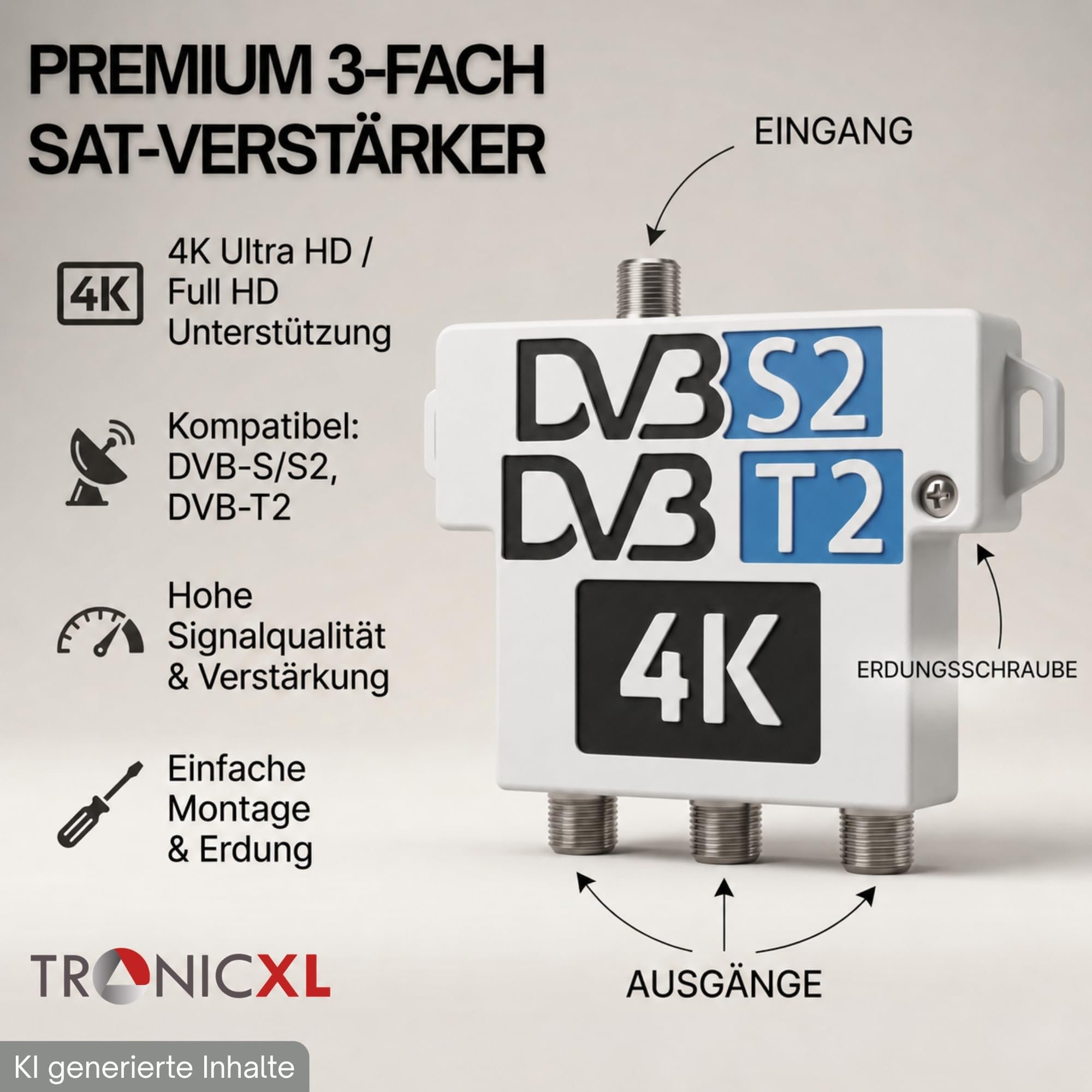 TronicXL Amplificatore di segnale da 60 dB con splitter satellitare a 3 vie, distributore antenna per DVB-S2 (satellite) / DVB-T2 (antenna), 4K 8K UHD TV morbido