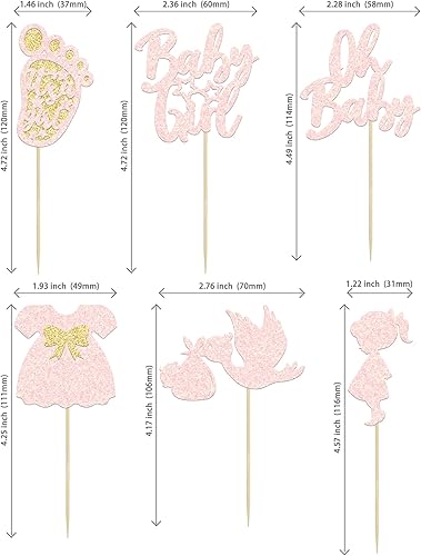 Miniatura 2 de 24 adornos para cupcakes de bebé niña con lazo, huellas, cisne, rosa claro, brillantina, baby shower, revelación de género, decoración para baby