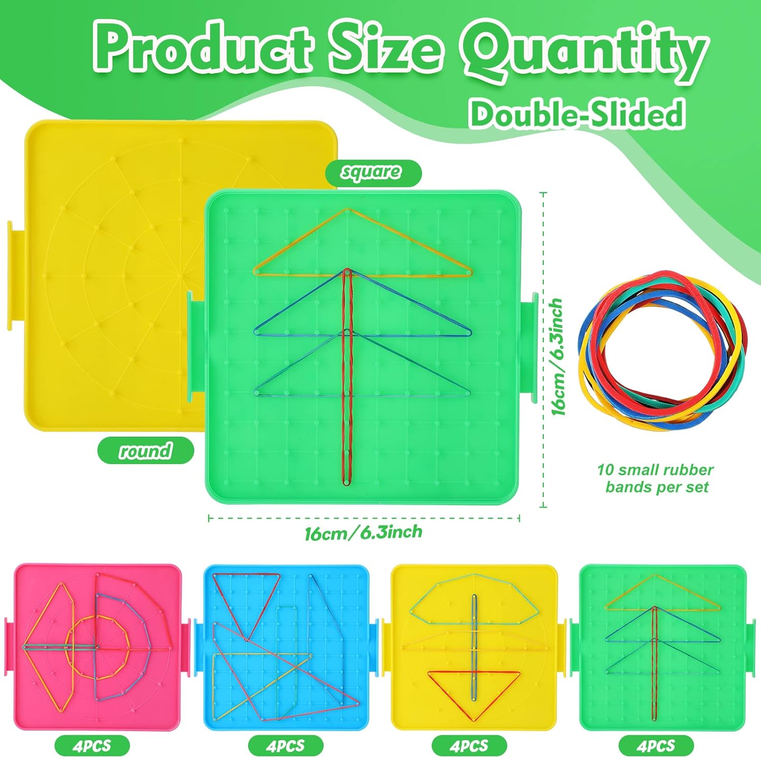 Teling 16 Pack Double Sided Geoboard Math Manipulatives Plastic Geoboards with Rubber Bands Geometry Manipulatives Educational Toy for Geometry, Creativity, Fine Motor Skills (Simple, 6.3 Inch)