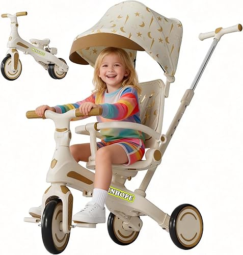 Winhope Triciclo para niños, triciclo 6 en 1 para bebés con asa de empuje ajustable, asiento reversible y toldo, cochecito de bebé para niños de 1 a
