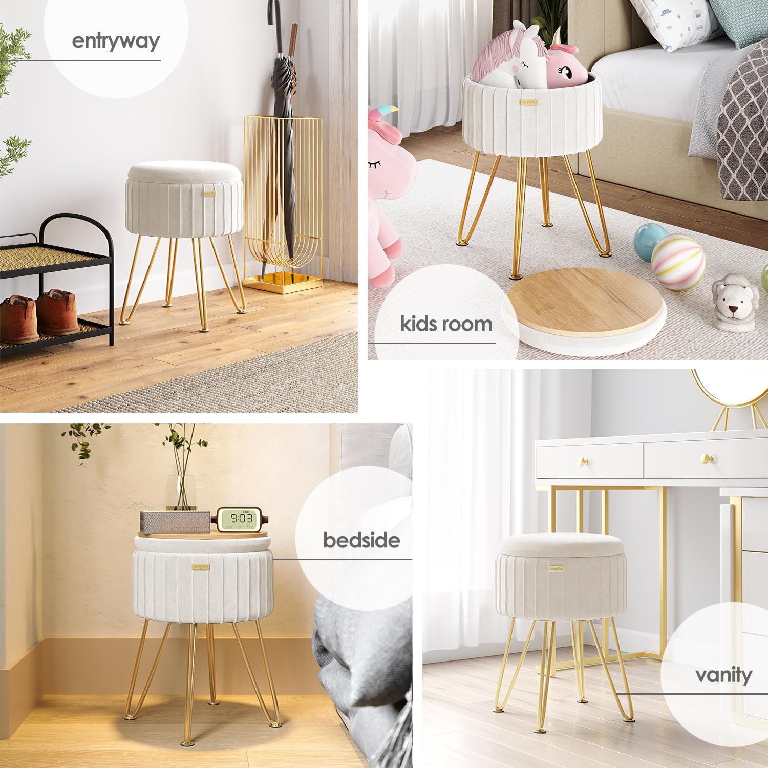 STORAGEBUD Round Ottoman with Storage, Pleated Velvet Storage Ottoman, Foot Stool Ottomans, Makeup Vanity Stool, Small Ottomans Foot Rest, Modern Vanity Stools for Living Room and Bedroom, Blue