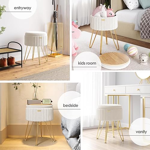 Miniatura 8 de STORAGEBUD Otomana redonda con almacenamiento, otomana de almacenamiento de terciopelo plisado, otomanas taburete para pies, taburete de tocador