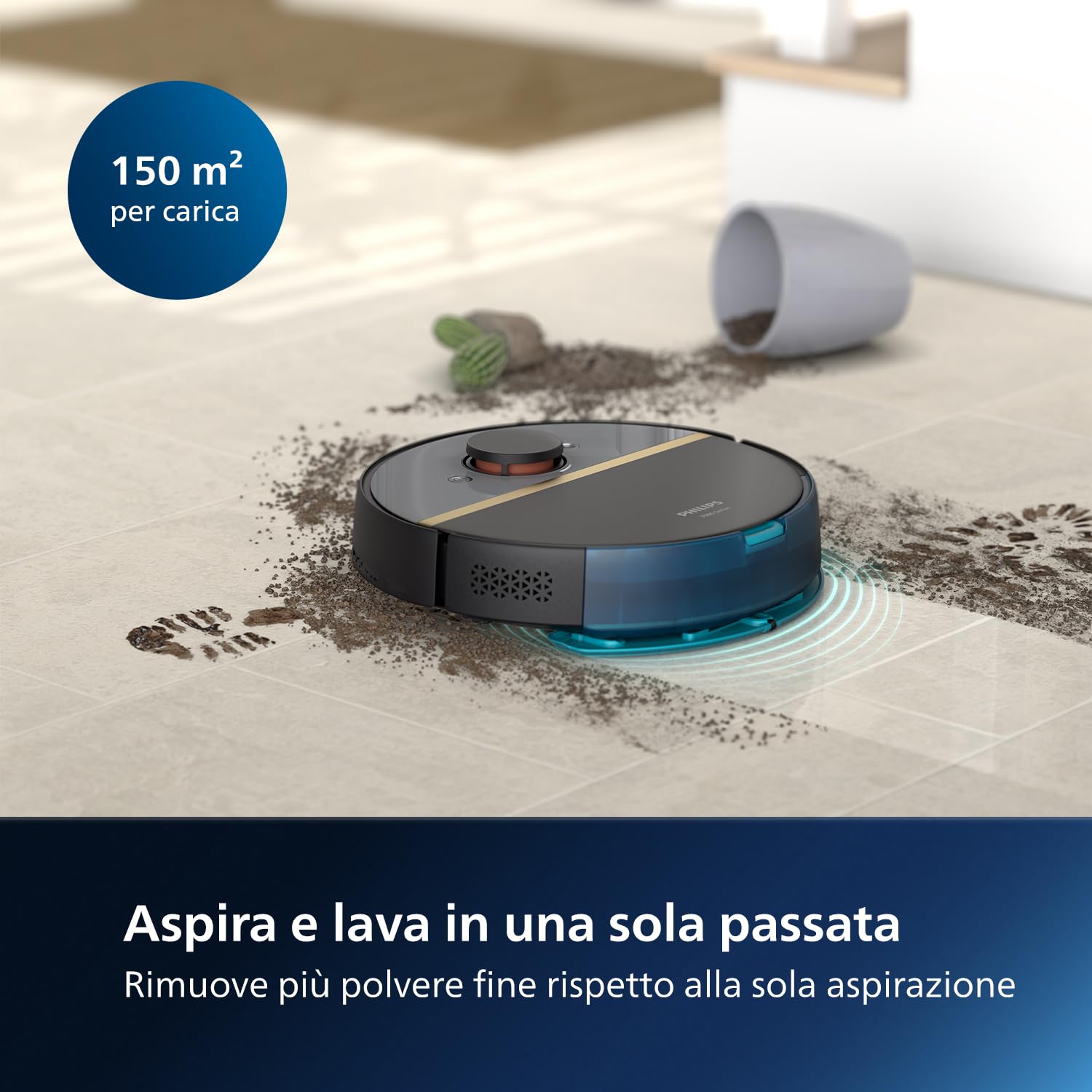 PHILIPS HomeRun Serie 7000 Robot Aspirapolvere e Lavapavimenti con Mappatura, Alta Potenza Asp.ne (5000 Pa), Ril.to Piccoli Ostacoli, con Stazione, per Tappeti e Peli di Animali, App WiFi (XU7100/01)