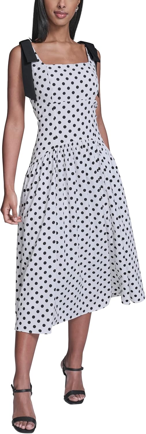 Karl Lagerfeld Women's Square Neck Bow Tie Shoulder Straps A-Line Midi Dress
