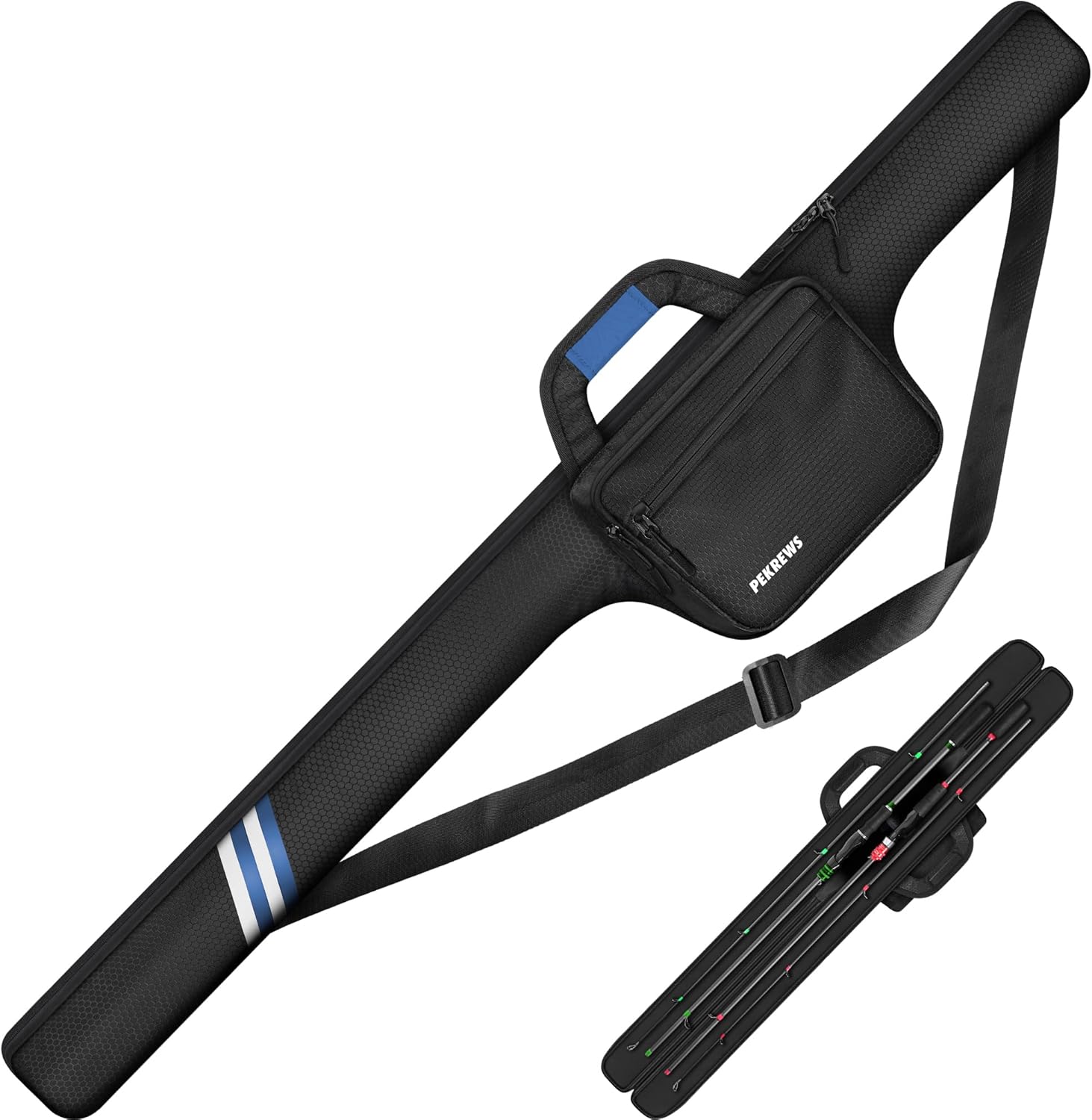 PEKREWS Fishing Rod Case, Fits 2 Set of 7ft Spinning Rod Reel Combo, Extendable 52inch Fishing Pole Bag (3.9ft-4.4ft) with Tackle Pockets, Padded Rod Bag with Strap Handle, Pole Travel Case For Angler