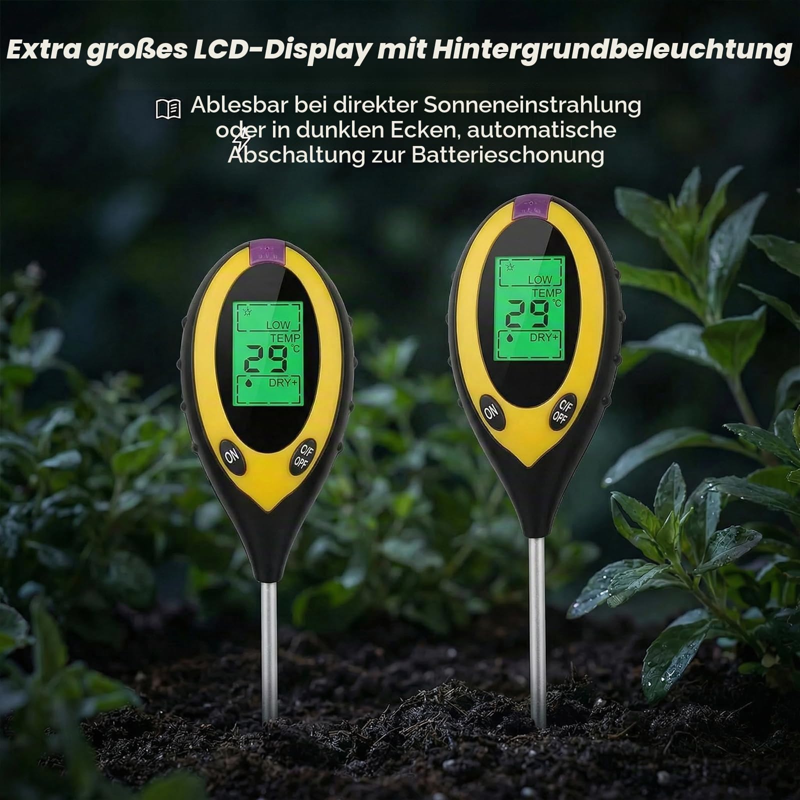 2 Stück Rasen Ph Wert Tester, 4 in 1 Bodenmessgerät, Ph Messgerät Erde, für Temperatur/Ph/Licht/Feuchtigkeit, Digital Plant Bodentest Messgerät für Gartenarbeit, Landwirtschaft, Outdoor Pflanzen