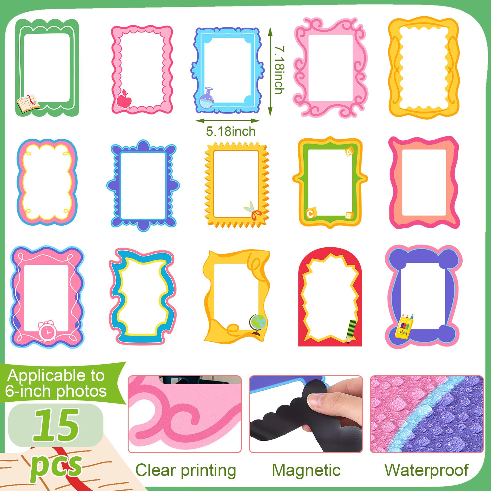 Lingvee 15 Pcs Back to School Magnetic Photo Frames for Teachers and Students 5 x 7 Inch Refrigerator Magnet Picture Frame Classroom Decoration Magnet for Teacher Whiteboard Students School Supplies