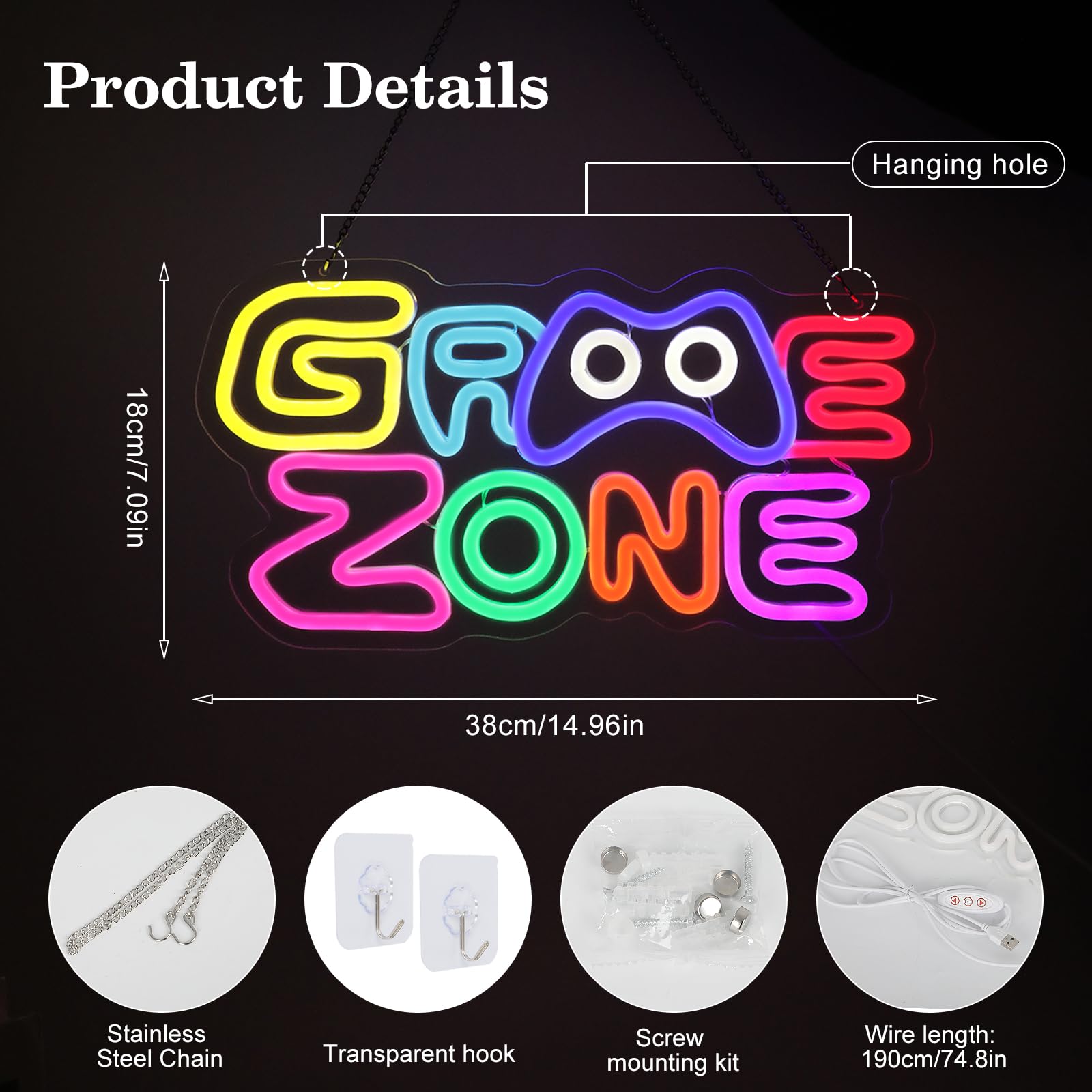 Gaming Zone Neon Schild, Buntes LED Gaming Neon Licht für Wanddekoration, USB betriebene dimmbare bunte für Schlafzimmer Bar Gaming Zimmer, Wand, Schreibtisch Dekoration,Geschenk für Gamer (B)