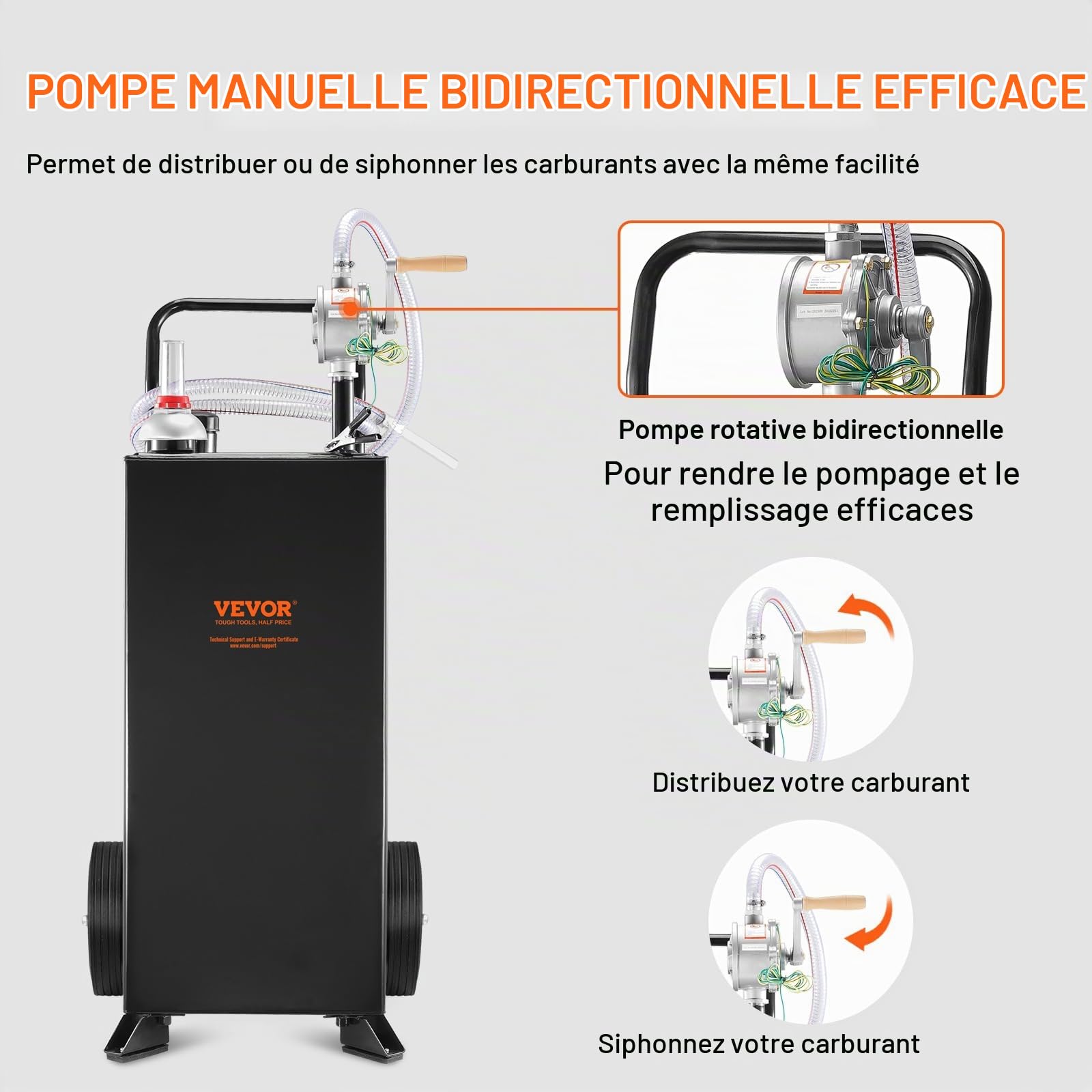 VEVOR Chariot à essence 30 gallons réservoir de stockage de carburant avec roues, pompe de transfert manuelle, conteneur d'essence carburant diesel pour voitures, tondeuses à gazon, VTT, bateaux, noir