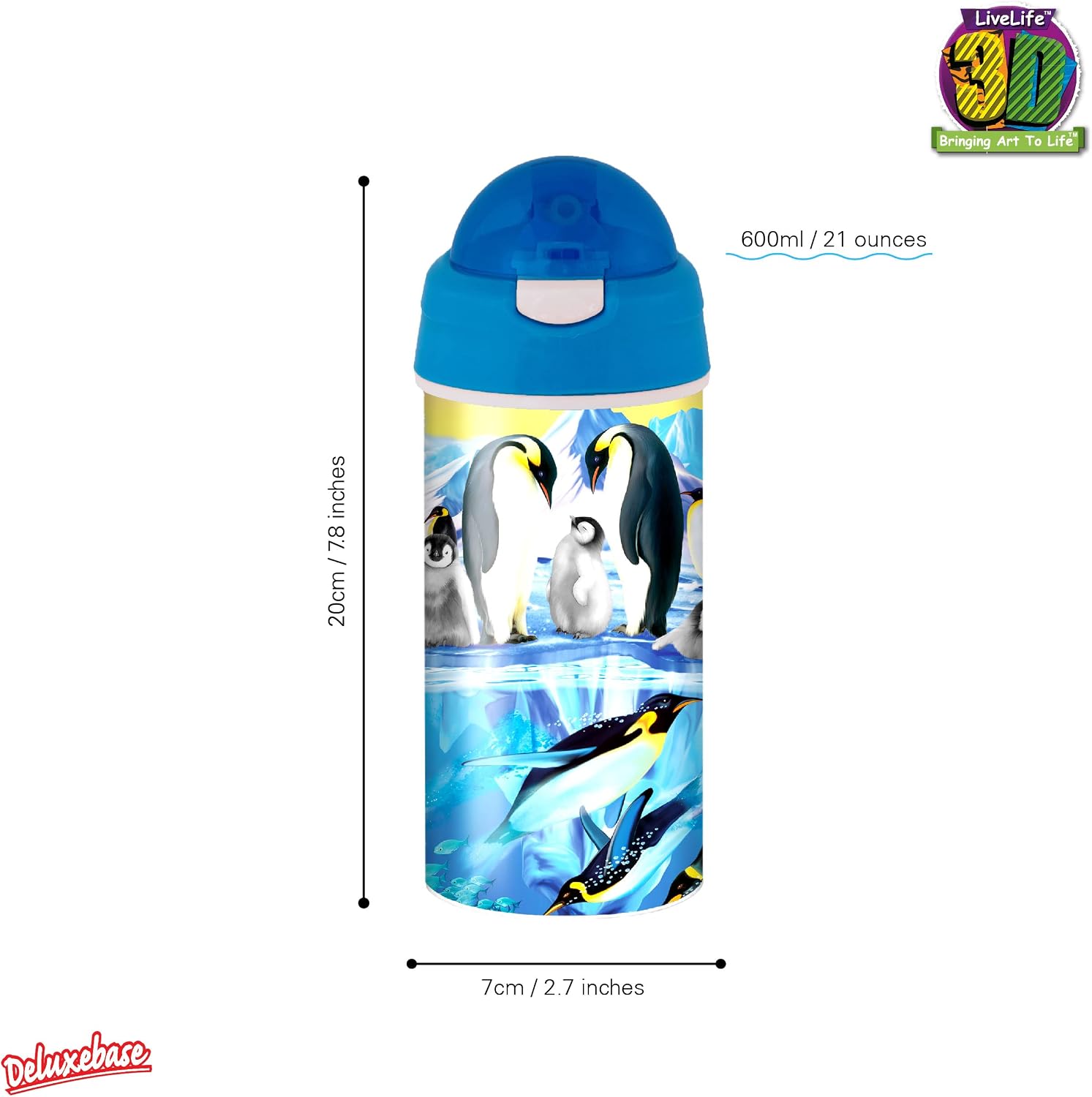 3D LiveLife Drinking Bottle - Penguin Plunge from Deluxebase. Penguin 20oz Tumbler with Lenticular 3D Image, BPA Free Reusable Water Bottle with Easy to Use Straw Lid.