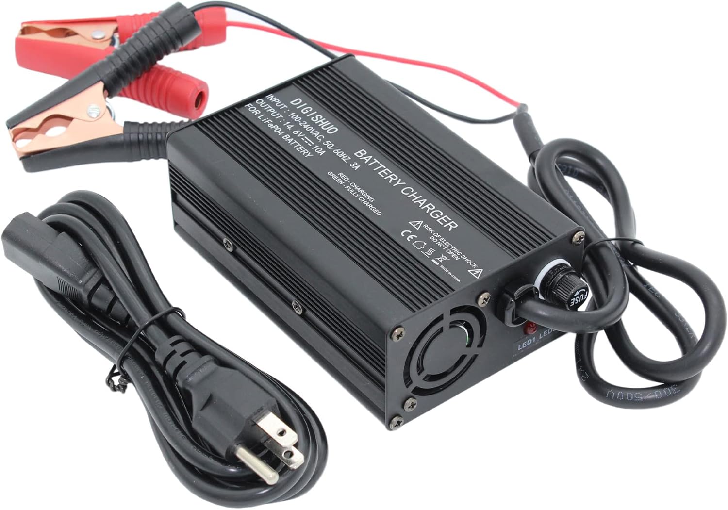 Vinklet view of DIGISHUO LiFePO4 Battery Charger showing cooling fan and fuse holder