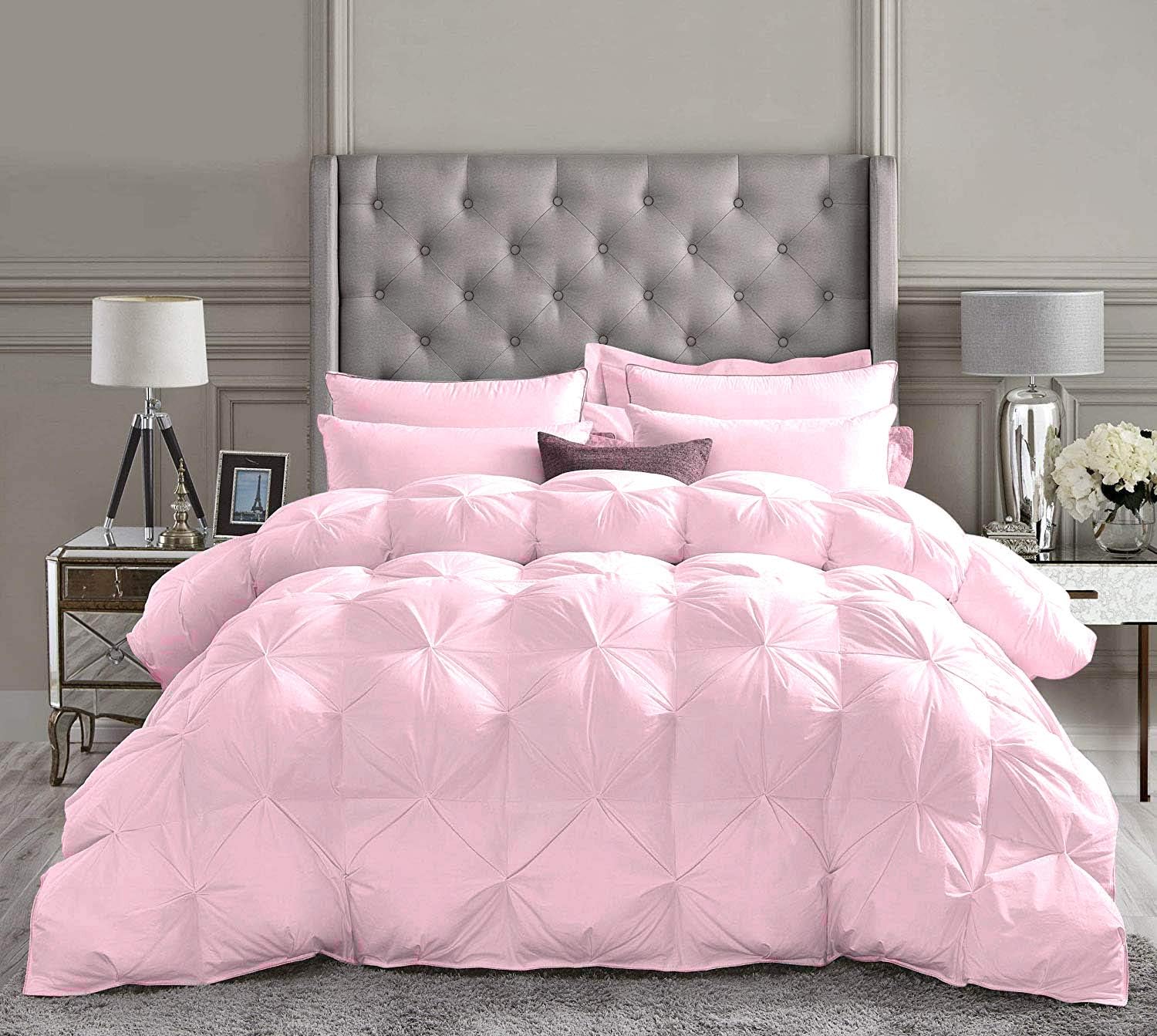DNG Creations 3 Piece Luxury Pinch Pleated Comforter Set Premium Super Soft 400 GSM All Season Pintuck 1000 Thread Count 100% Egyptian Cotton Super Soft Super King Size Light Pink Color