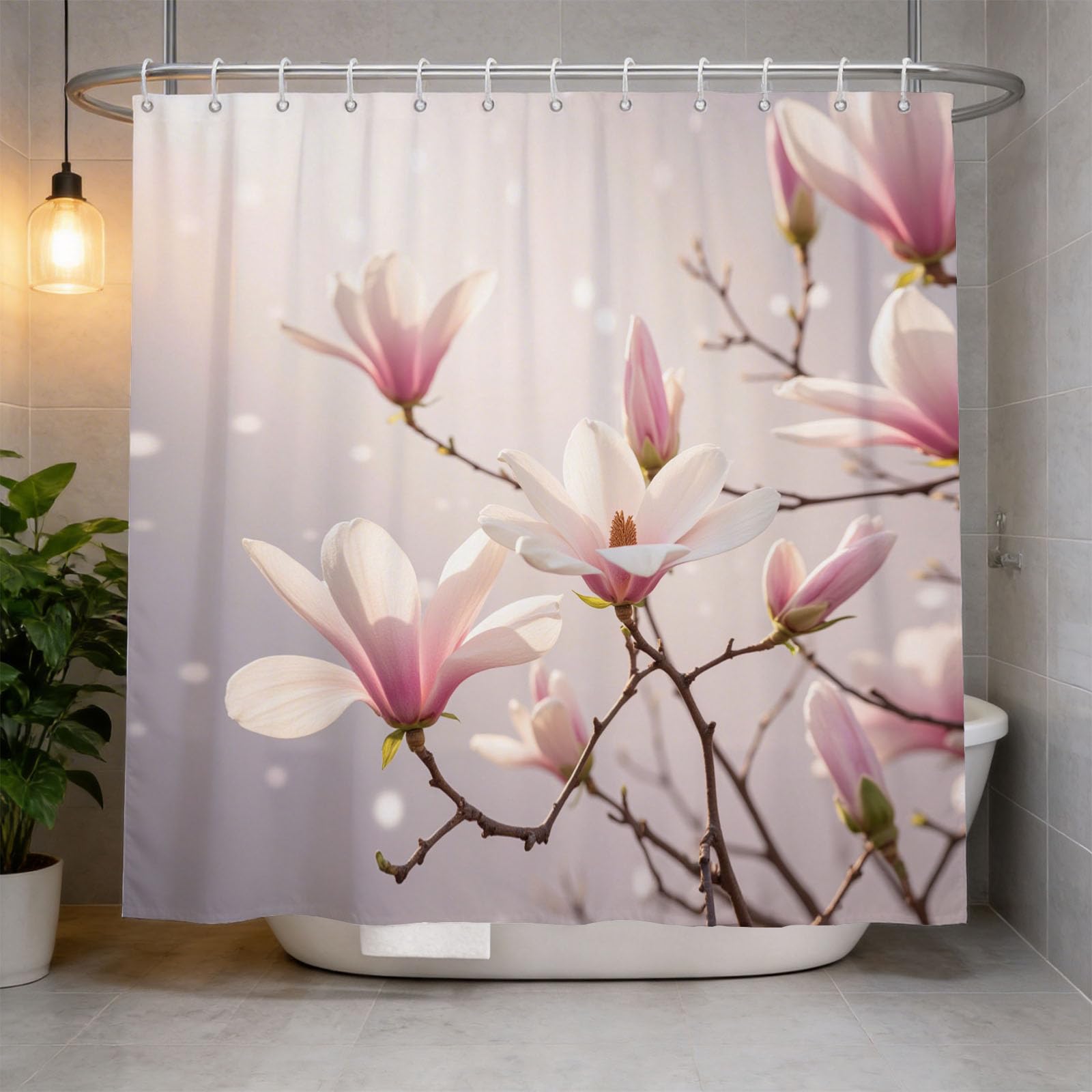 Hongduo 3D Magnolia Shower Curtain for Stalls Bathtubs Dreamy Bathroom Decor Shower Curtain Set Polyester Fabric Waterproof 180x180cm/71X71 Inch with Hooks