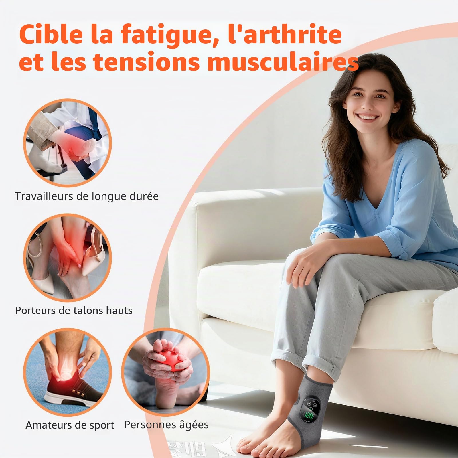 Appareil de Massage et Chauffant pour Pieds et Chevilles – Compresse Chauffante 2-en-1, 6 Niveaux de Chaleur & 3 Modes de Vibration, Rechargeable, Gris