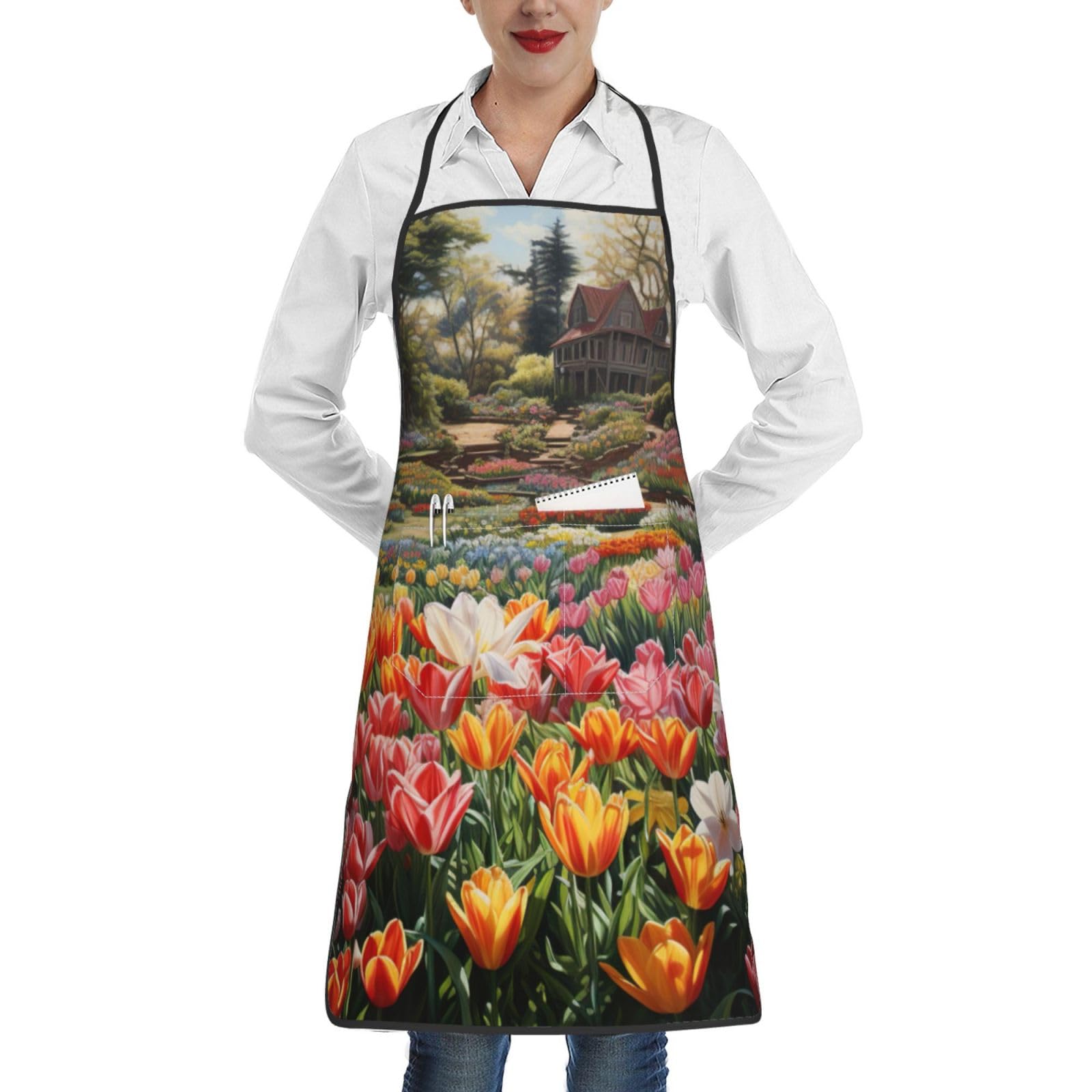 Tulip Garden Print Apron, Apron With Pockets, Adjustable Bib Apron, Chef'S Apron, Bbq Apron, White, One Size, White, One Size