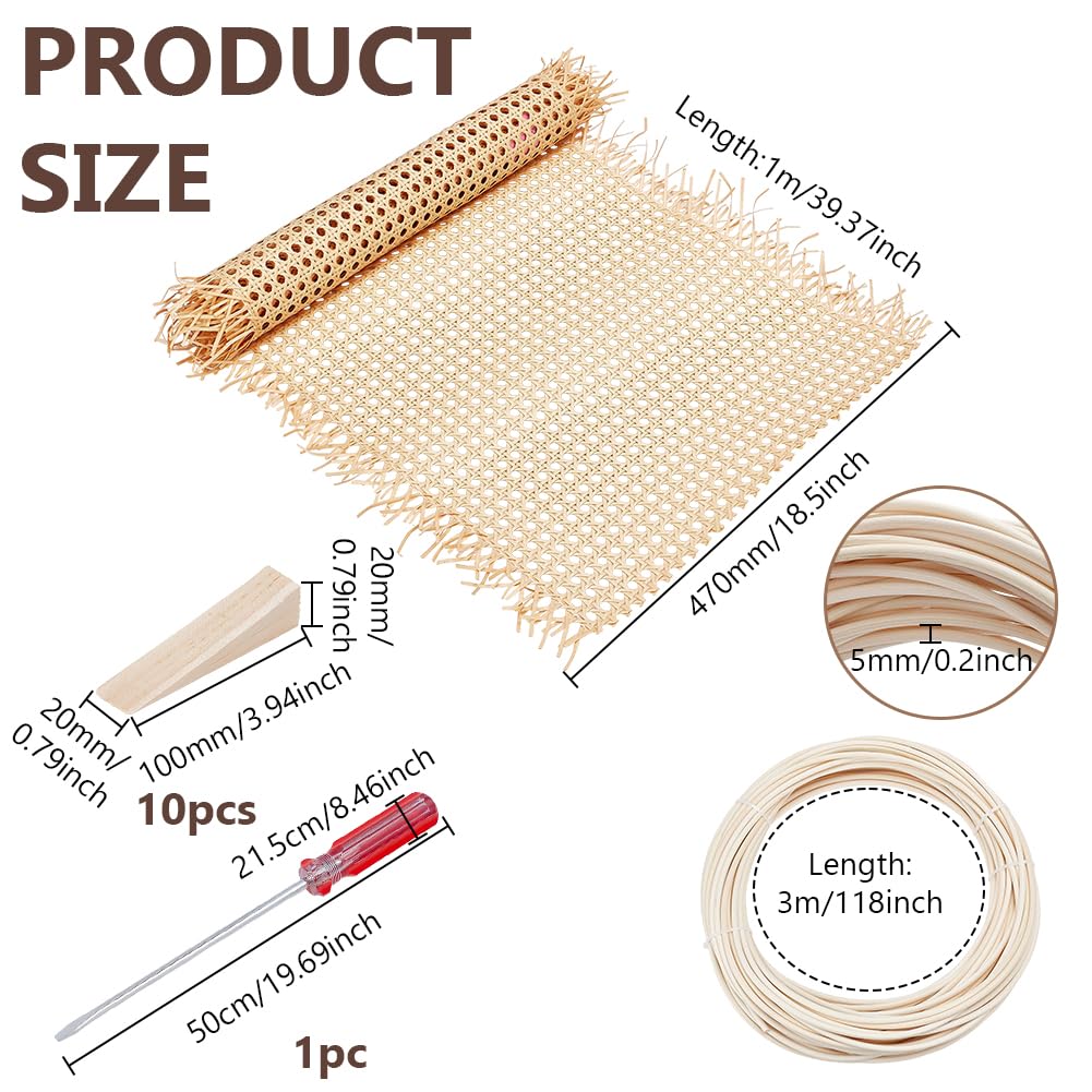 NBEADS Kit di riparazione in rattan, include una rete di rattan intrecciato da 99,1 cm, una striscia rotonda in vimini naturale da 299,7 cm, 10 cunei triangolari in legno e 1 cacciavite in acciaio per